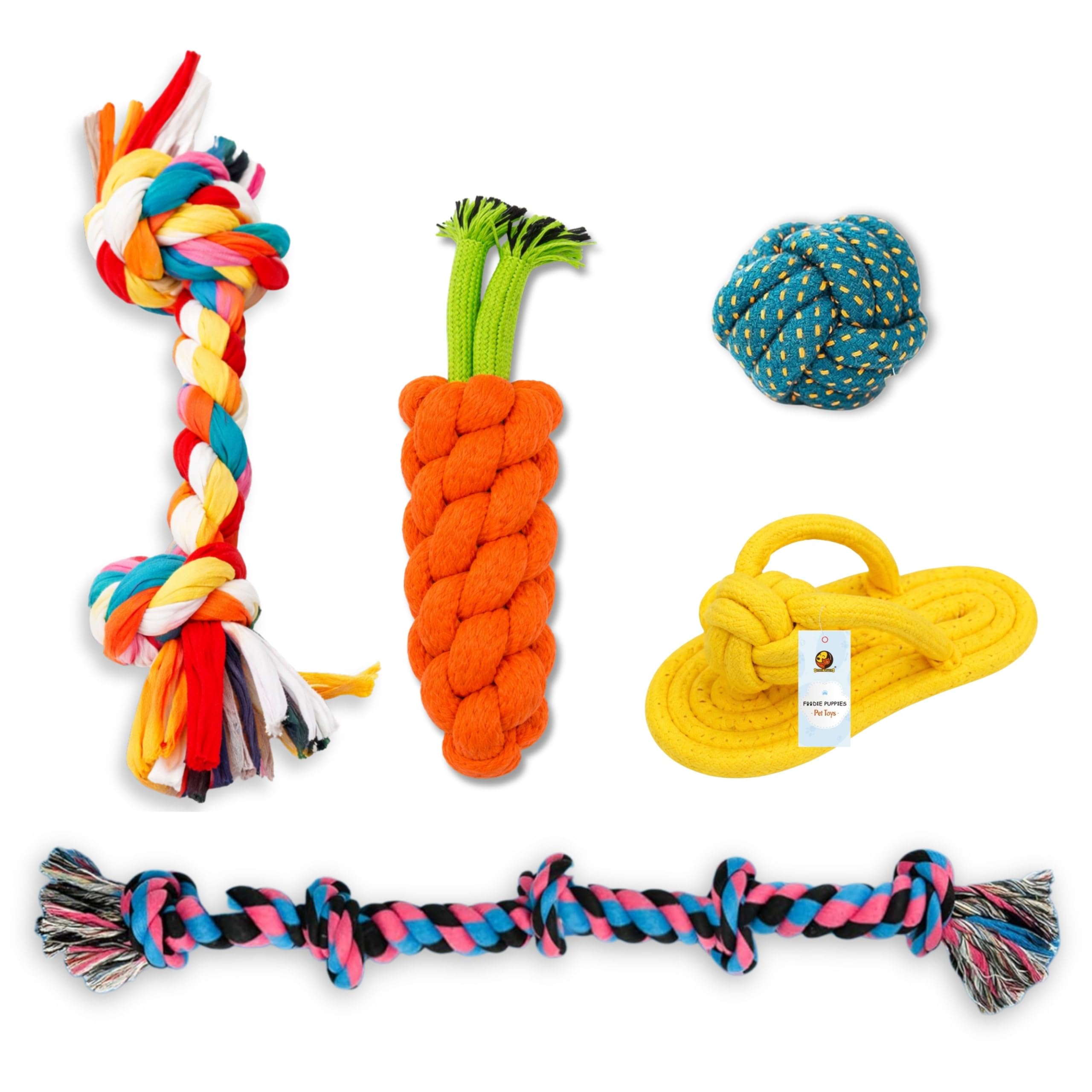 Foodie Puppies Cotton Rope Chew Toy  5 In1 Rope Combo (2Knot, 5Knot, Carrot, Slipper, Cotton Ball | Chewing, Playing, Teething