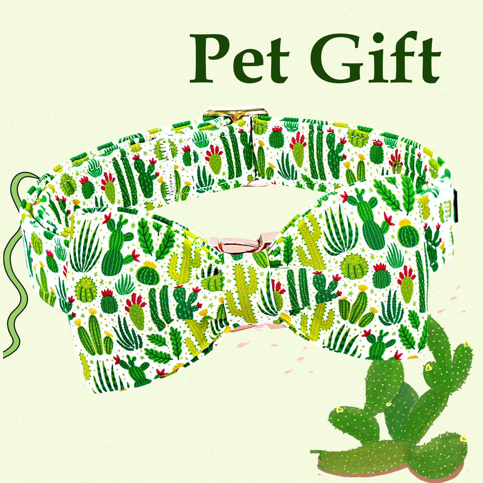 Lionheart Glory Dog Bow Collar Green Cactus Print Collars For Small Dogs,Spring Summer Cute Dog Collar With Bowtie Pet Collars B