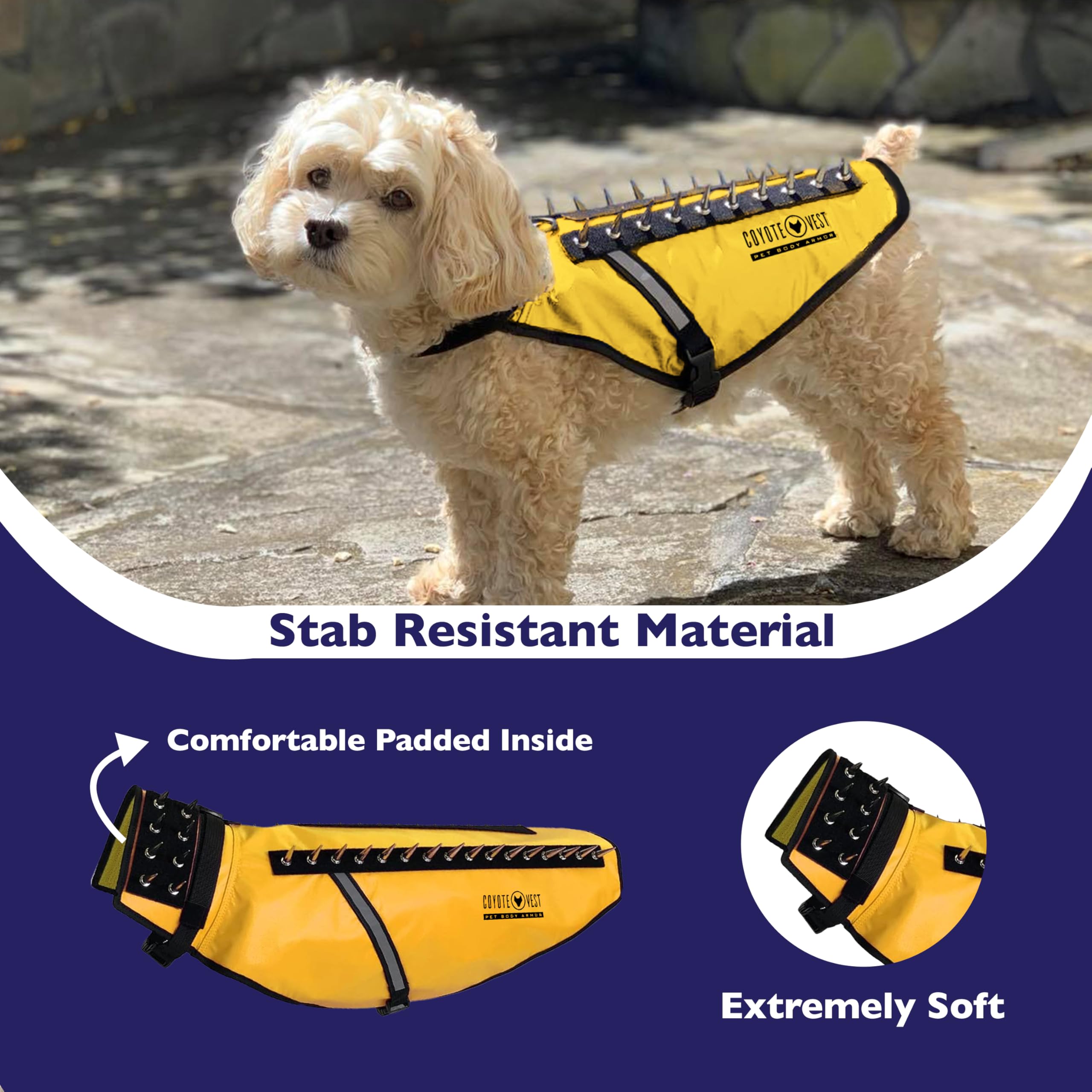 CoyoteVest Dog Harness Protection Vest, Reflective Dog Accessories with Spikes to Shield Your Pet from Raptor and Animal Attacks, Proudly Made in America (Large, Yellow) -Like New