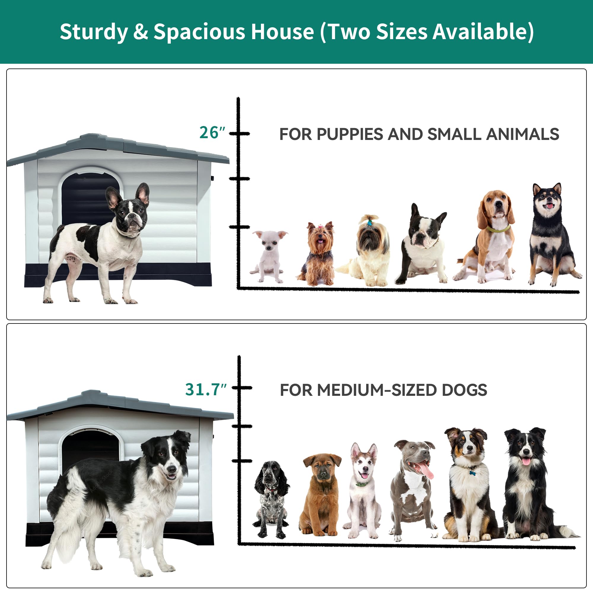 Yitahome 43.7'' Large Double Door Dog House With Porch & Cushion, Outdoor Plastic Doghouse With Elevated Base, Easy To Install,