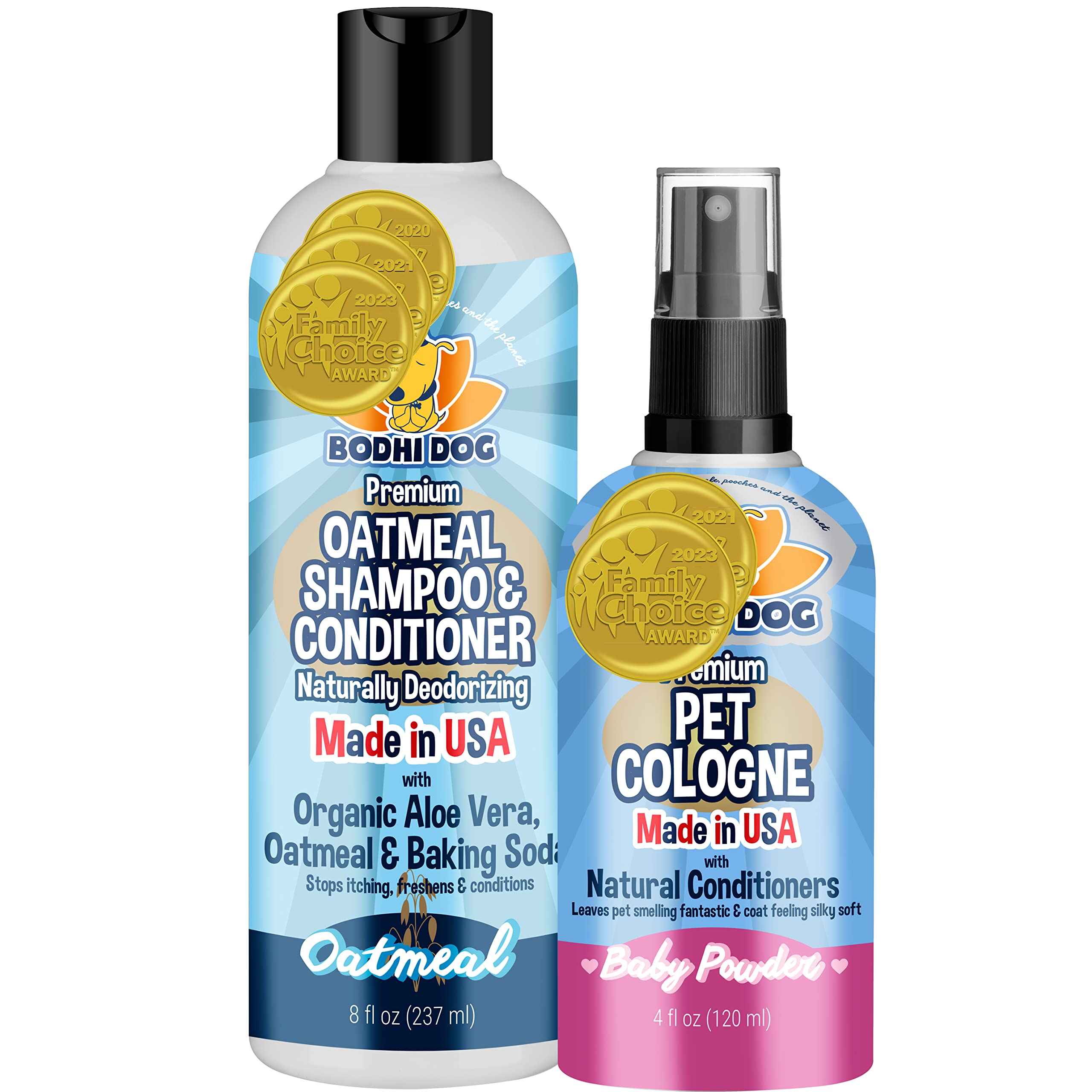 Bodhi Dog Baby Powder Scented Cat & Dog Cologne 4Oz + Oatmeal Dog Shampoo & Conditioner For Pet Grooming 8Oz | Moisturizing Dog Shampoo For Sensitive Skin | Deodorizing Cat And Dog Grooming Bundle