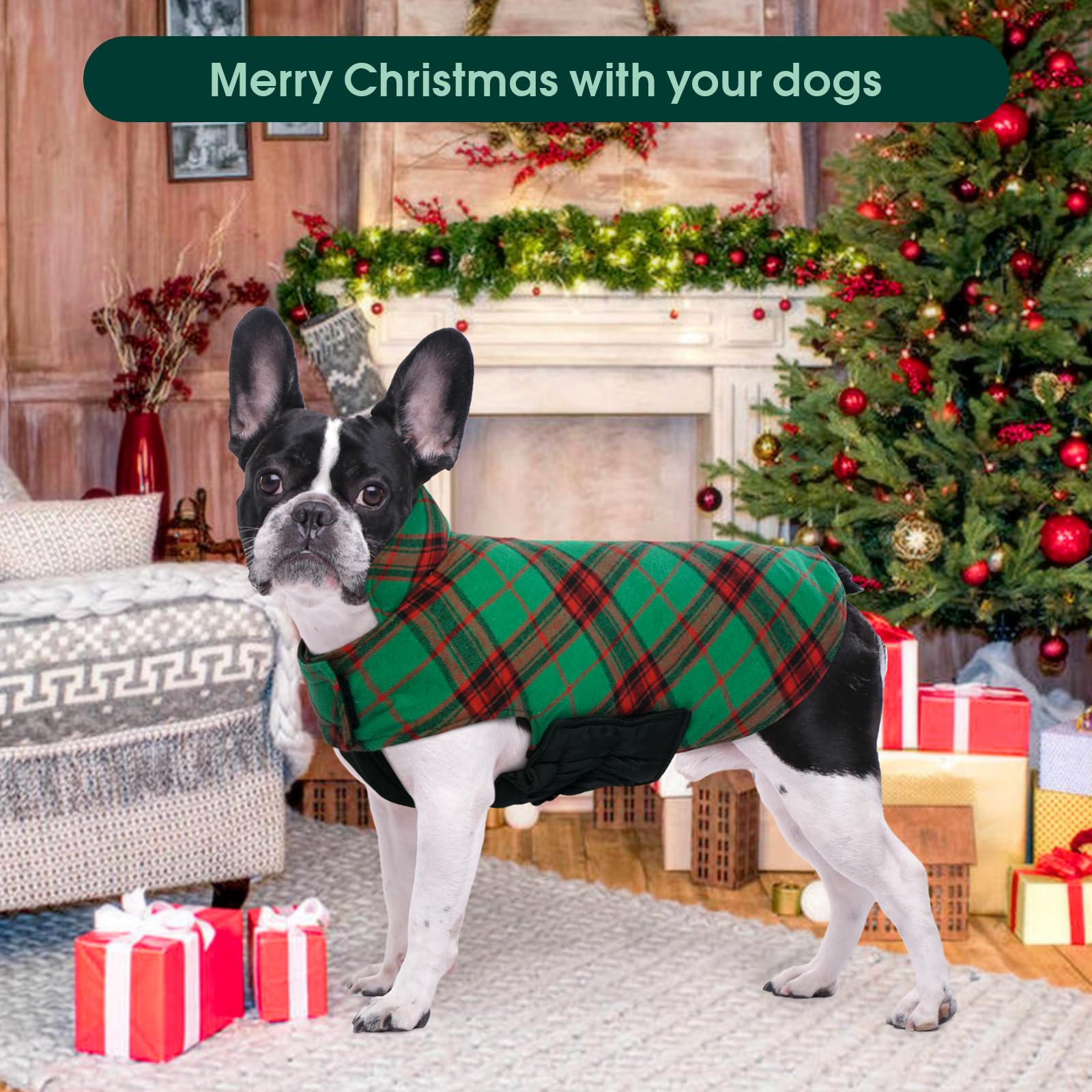 Kuoser Warm Dog Coat, Reversible Dog Jacket Waterproof Dog Winter Coat British Style Plaid Dog Clothes Pet Dog Cold Weather Coats Cozy Snow Jacket Vest For Small Medium Large Dogs Christmas Green L