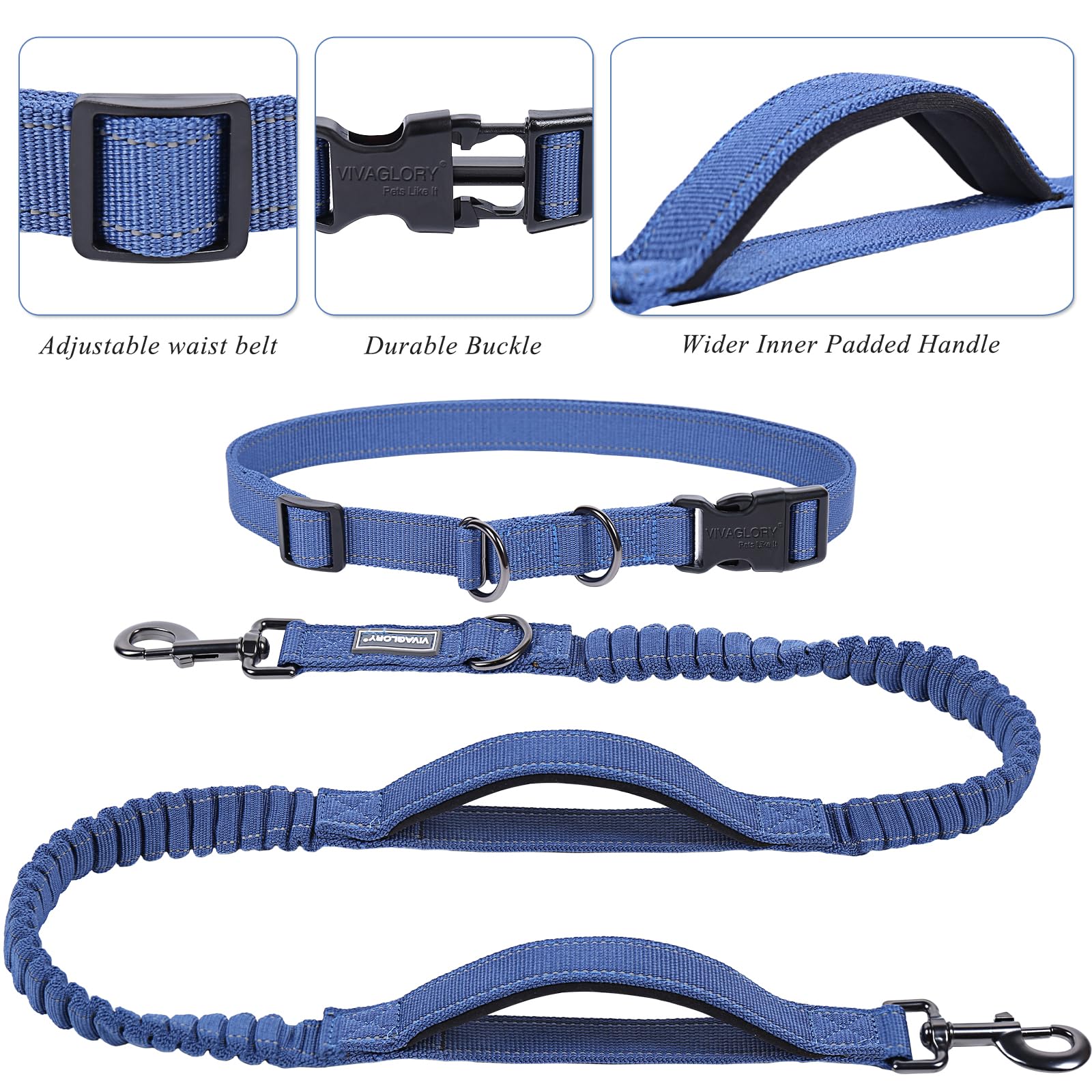 Vivaglory Hands Free Dog Leash With Dual Advanced Anti-Shock Bungees And Padded Handles, Reflective Waist Running Leash With Adjustable Belt For Training Jogging For Medium Large Dogs, Navy Blue/Black