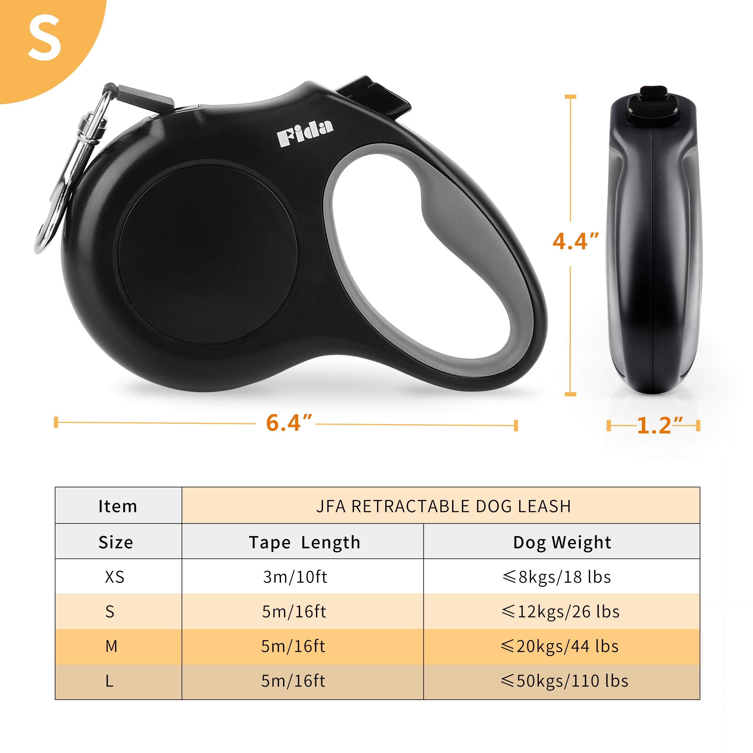 Fida Retractable Dog Leash - 16 ft, Tangle Free, Small Dogs up to 26 lbs, Black, Durable Resin Material