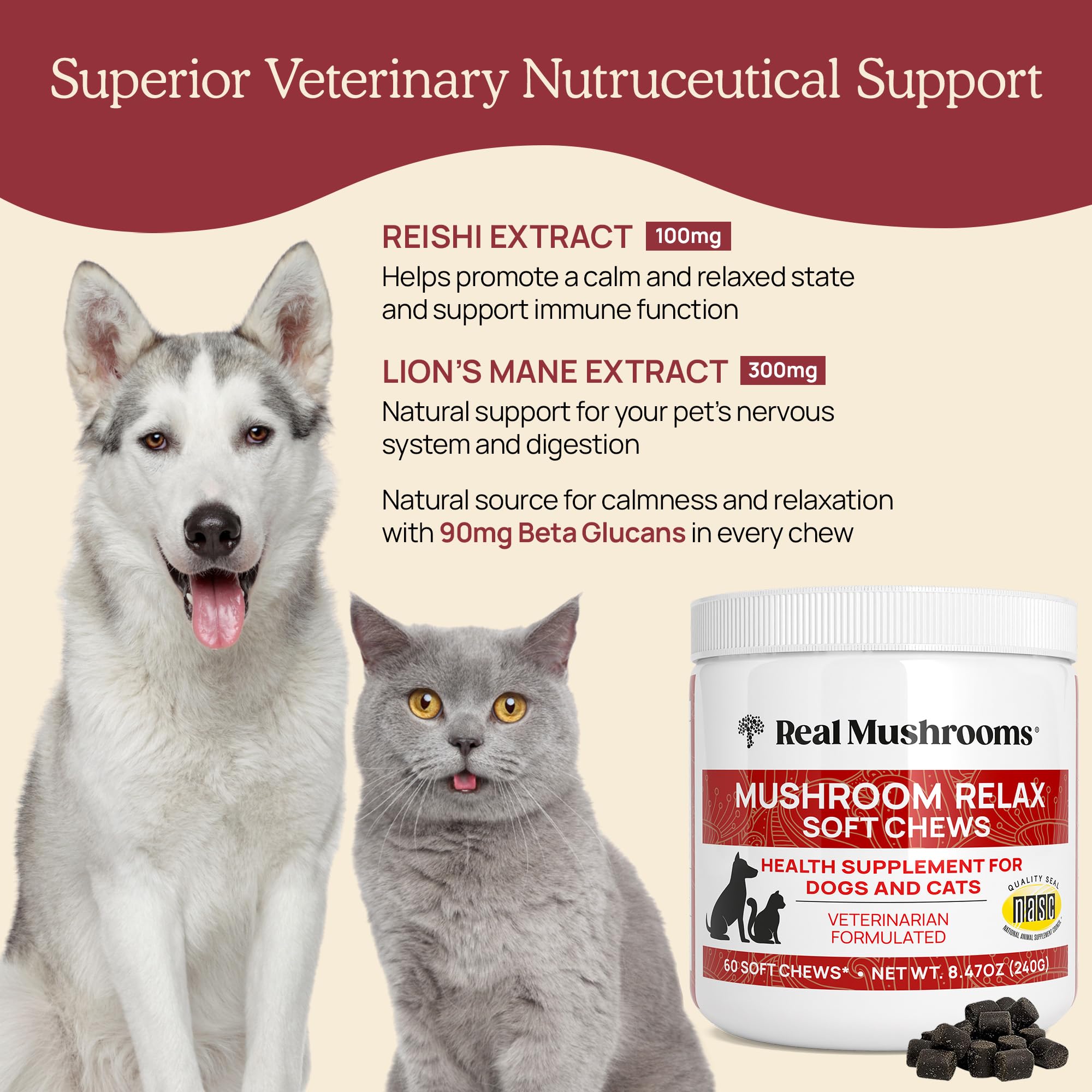 Real Mushrooms Calming Treats for Dogs & Cats - Reishi, Lions Mane, Botanicals - Cat & Dog Soft Chews for Daily Use - Calming Ch