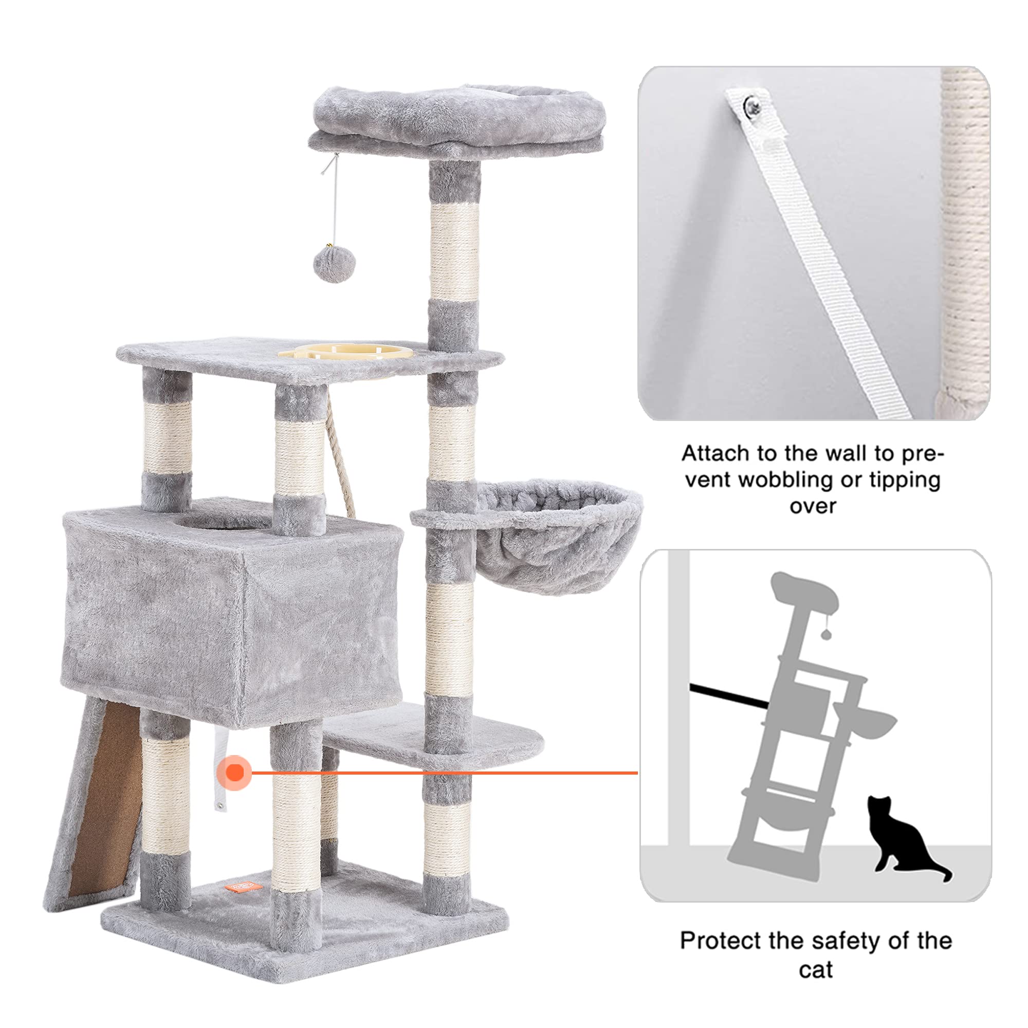 Heybly Cat Tree, Cat Tower For Indoor Cats With Scratching Board, Multi-Level Cat Furniture Condo With Feeding Bowllight Gray Hct010W