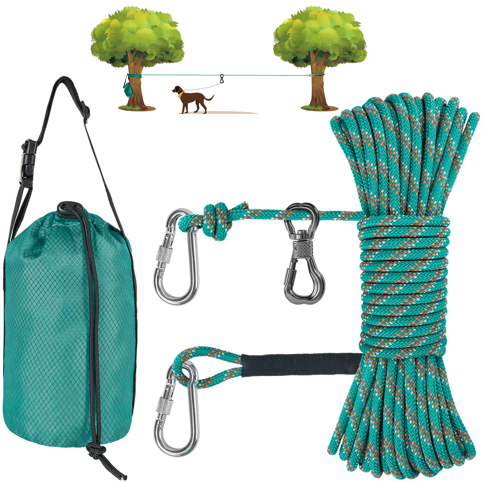 Xiaz Dog Tie Out Cable For Camping, 50Ft Portable Overhead Trolley System For Dogs Up To 200Lbs,Dog Lead For Yard, Camping, Park