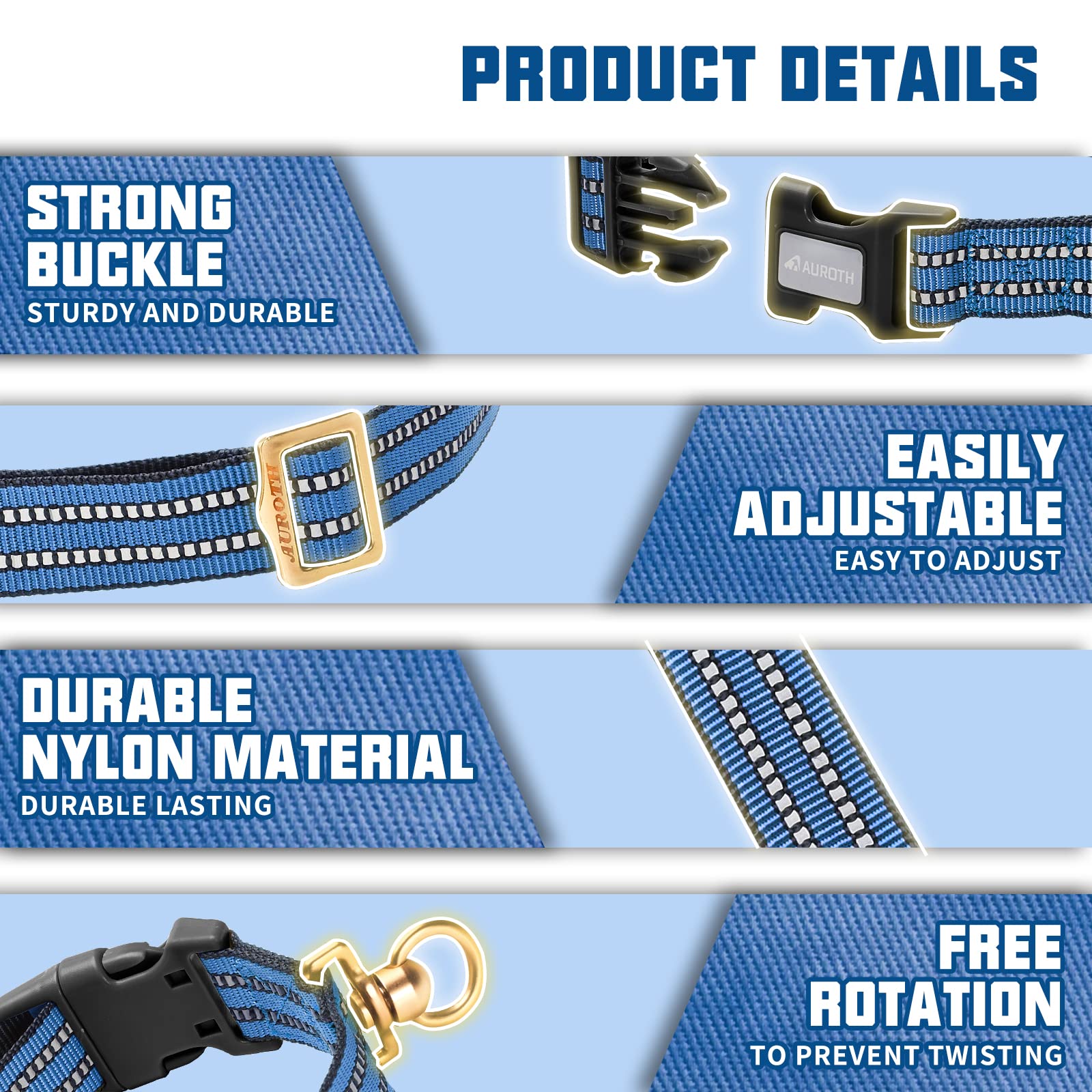 Auroth Dog Collar For Medium Large Dogs, Reflective Dog Collar, Soft Nylon Adjustable Dog Collars With Heavy Duty Metal D Ring Tangle Free (Medium:12'-19.6', Dark Blue)