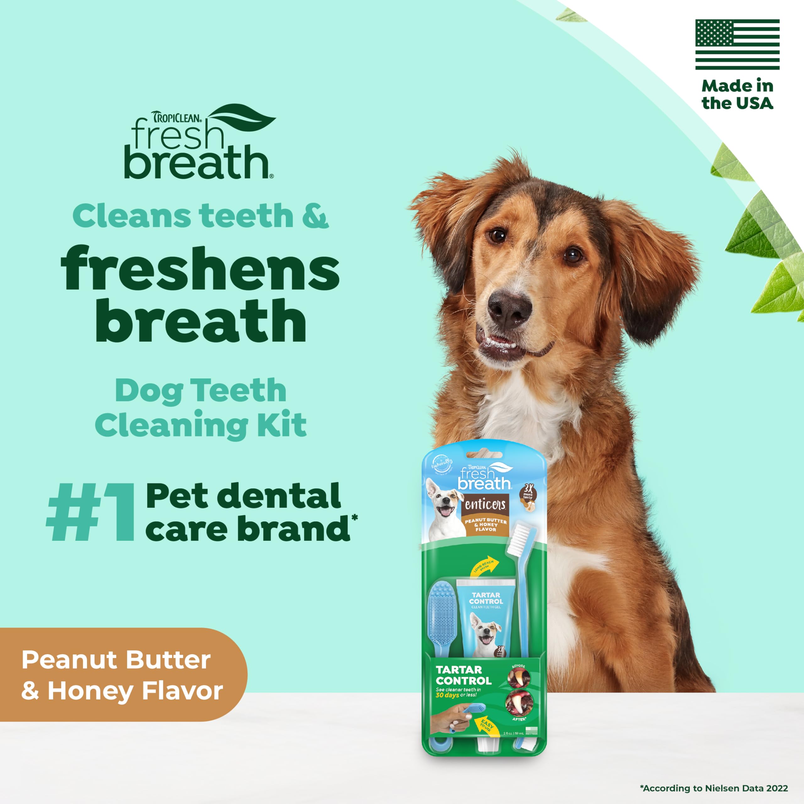TropiClean Fresh Breath Oral Care Kit - Soft Bristle Finger Toothbrush - Dog Tooth Brushing Kit - Peanut Butter and Honey Flavor