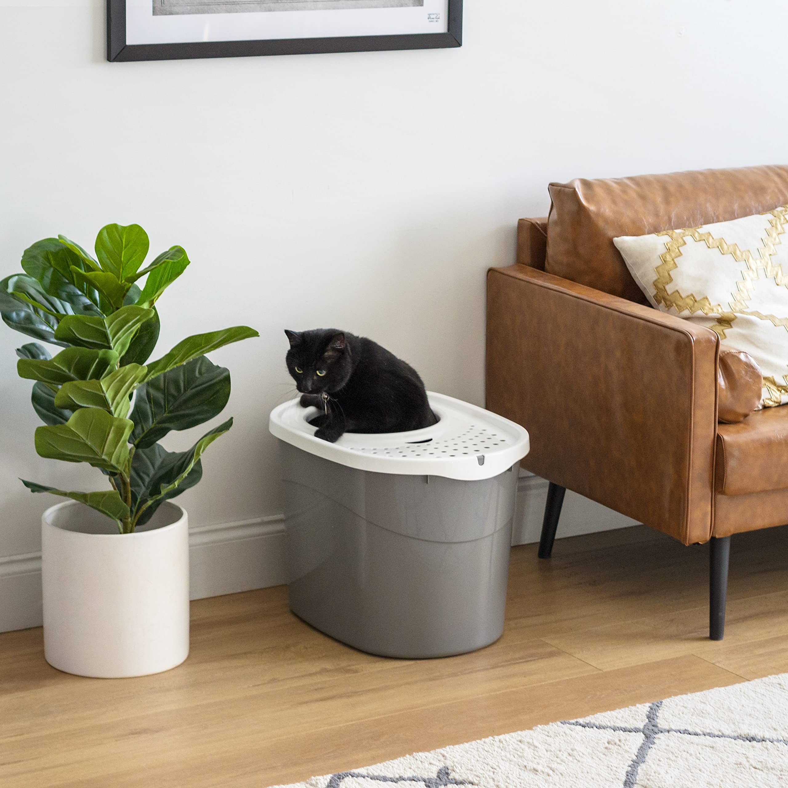 Iris Usa Cat Litter Box, Large Top Entry With Litter Catching Lid And Scoop, Dog Proof, Enclosed Cat Litter Box, Gray/White