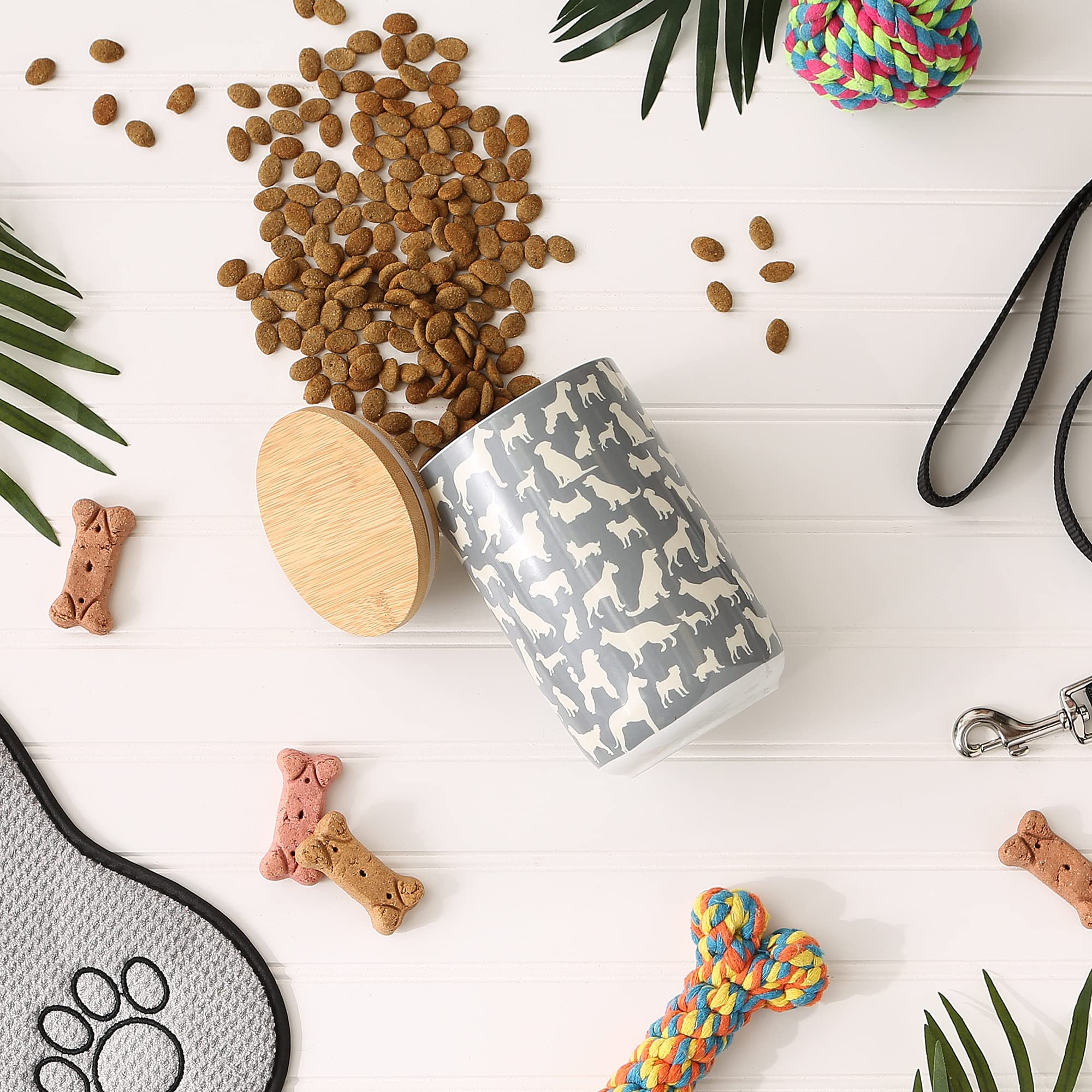 Bone Dry Ceramic Treat Jar for Cats and Dogs, Bamboo Lid, Dishwasher Safe Canister, 4x6.5, Gray, Dog Treats