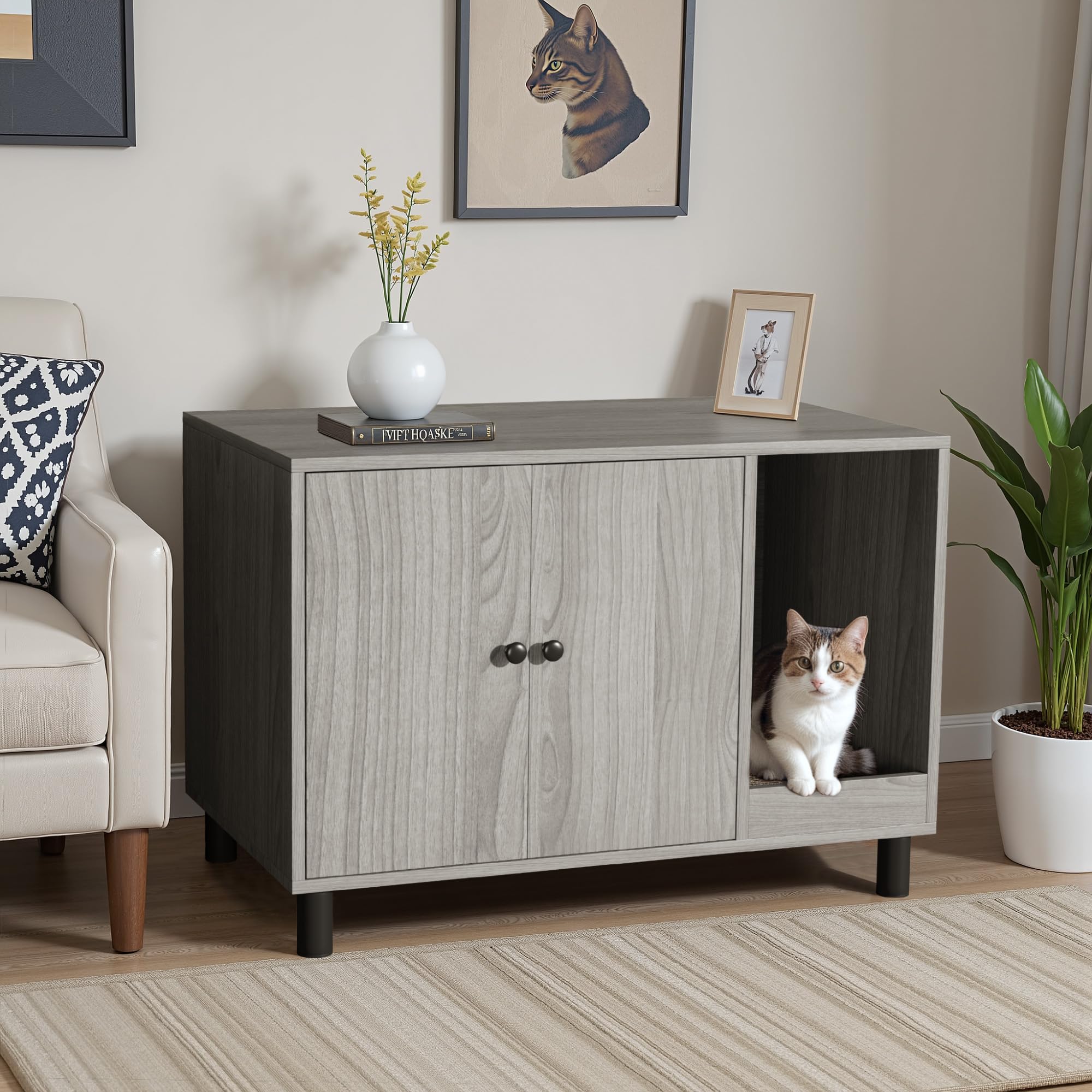 Warcat Cat Litter Box Enclosure, Modern Hidden Litter Box Enclosure Furniture, Hidden Washroom With Scratch Pad, Barn Door Desig