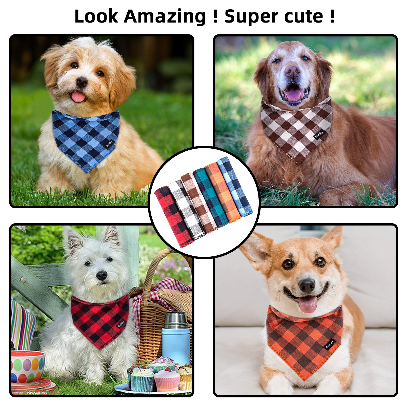 Gofshy Buffalo Plaid Dog Bandanas Fall Christmas Small 6Pcs Dog Gifts Red Blue Green Orange Black Brown Dog Scarf Adjustable Kerchief For Small X-Small Dogs Cats Puppy Bandana