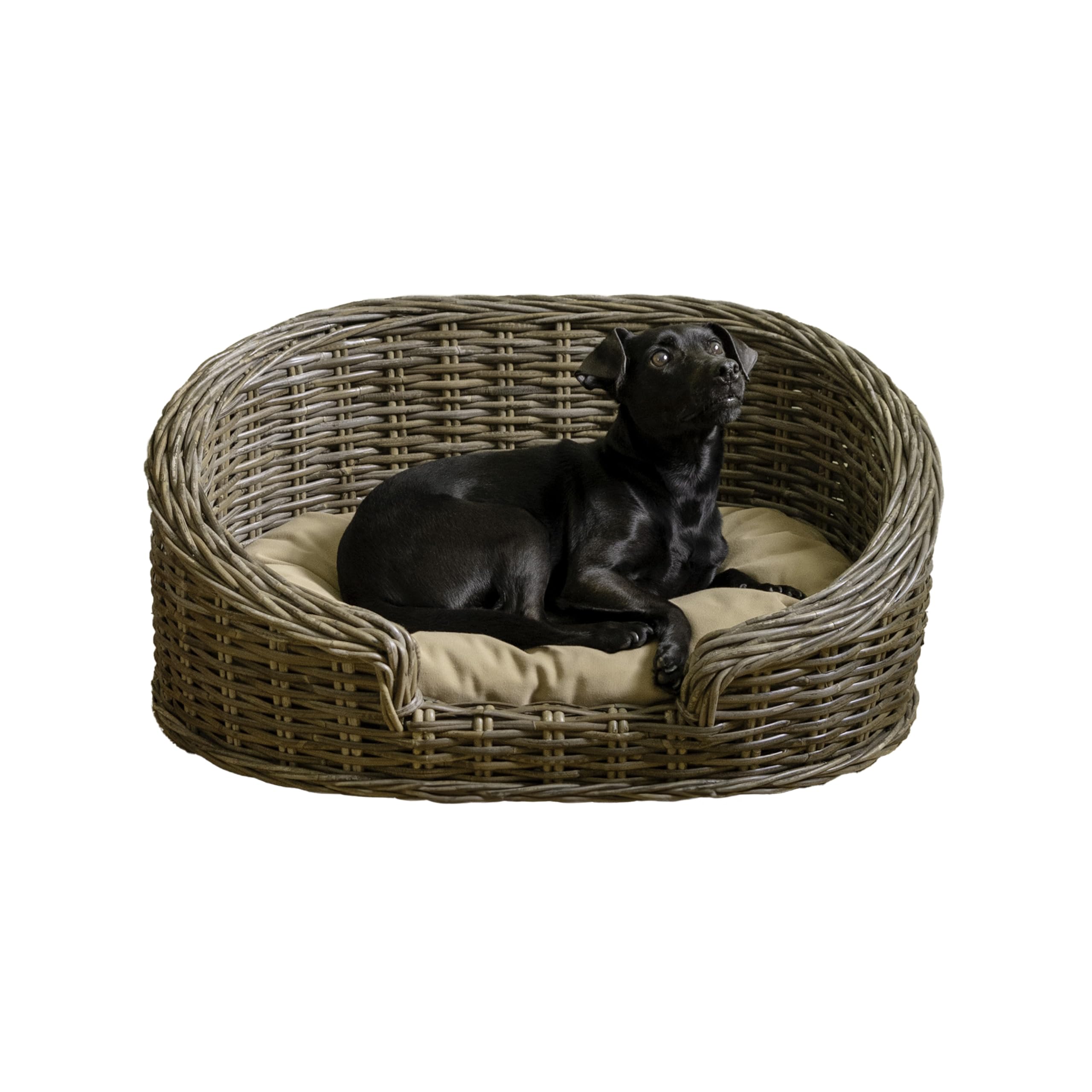 The LICKER Store DBD1000A Curvy 28.5 x 17.25 Classic Handwoven Rattan Dog Bed with Machine-Washable Cushion, Kubu Gray