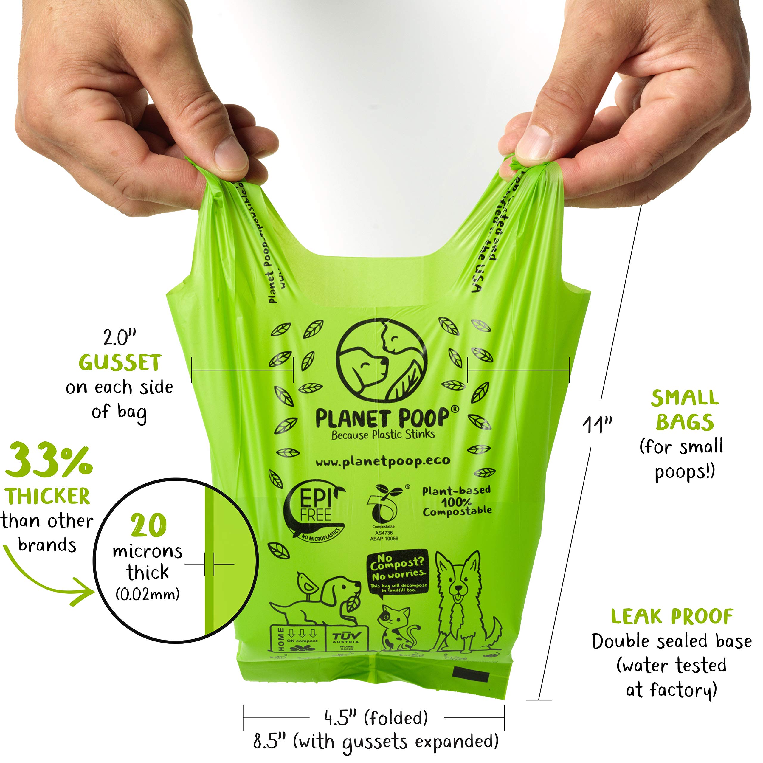 PLANET POOP Compostable Dog Poop Bags, 200 Count, Biodegradable, Green, Leakproof, Mini Size with Handles