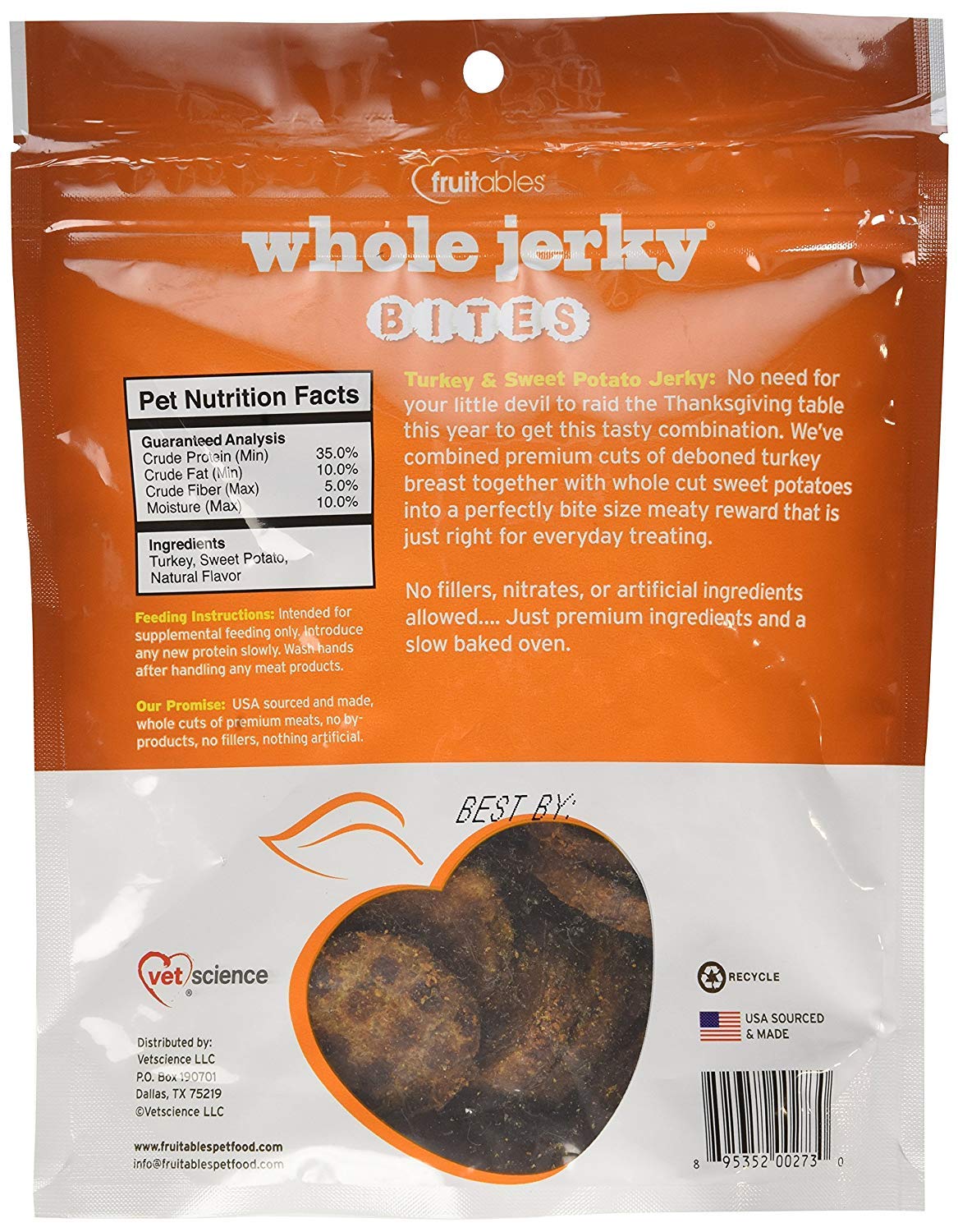 Fruitables 3 Pack of Whole Jerky Bites, 5 Ounces Each, Turkey & Sweet Potato Jerky Dog Treats3
