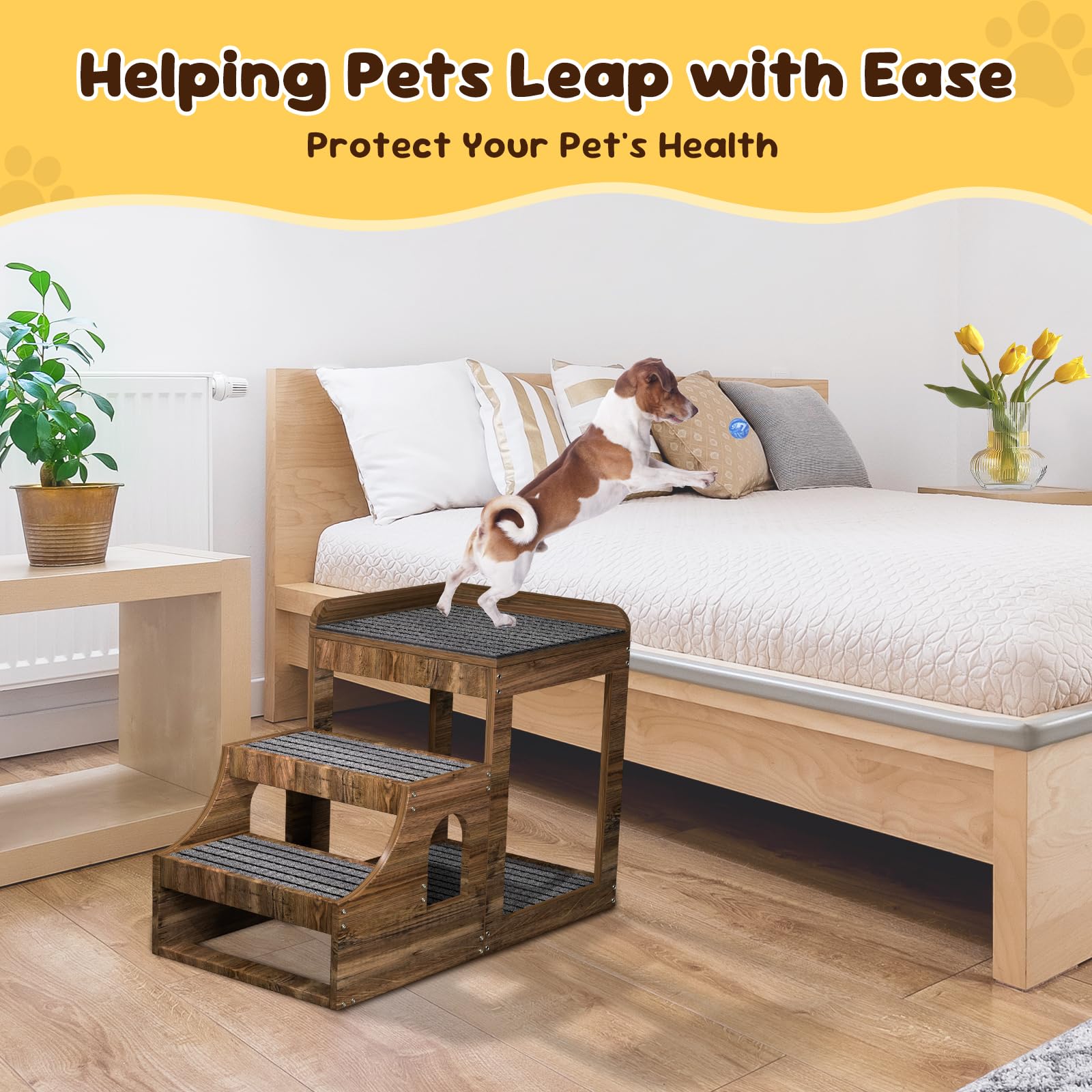 Pupihom Pet Window Perch With Stairs, Multi-Level Bunk Bed For Dogs And Cats, Elevated Pet Bed Couch, Wood Dog Stairs With Non-S