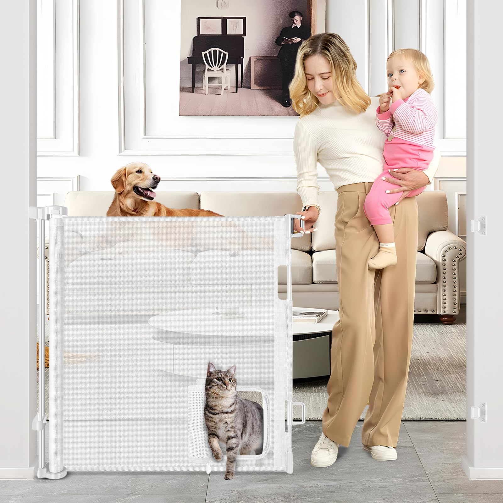 Retractable Baby Gate with Cat Door 55 Wide Retractable Baby Gate for Stairs Mesh Baby Gate with Pet Door Retractable Dog Gate f