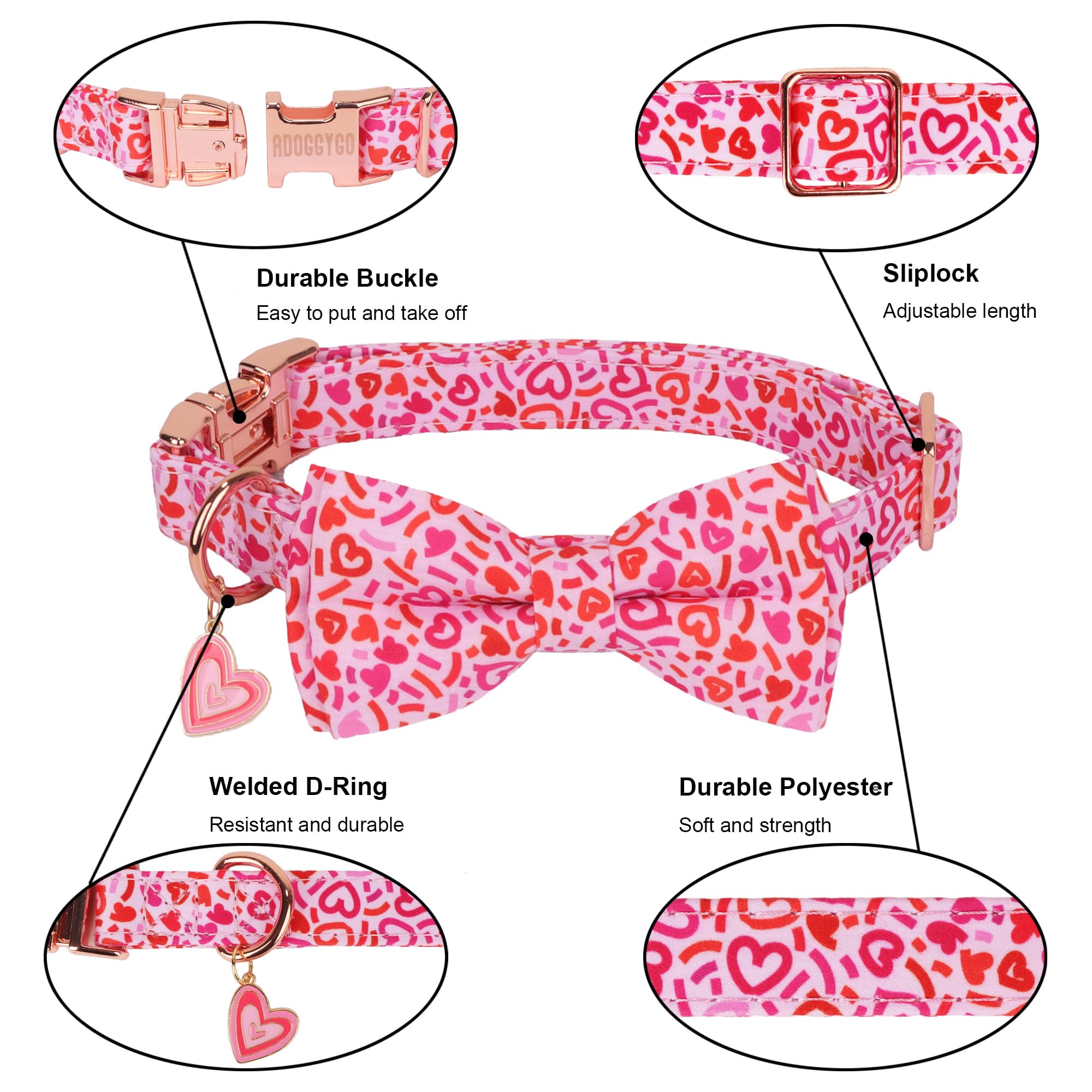 Adoggygo Valentine Dog Collar With Bow, Metal Buckle, Adjustable Pink Heart Bowtie Pet Valentine Collars For Medium Large Dogs (