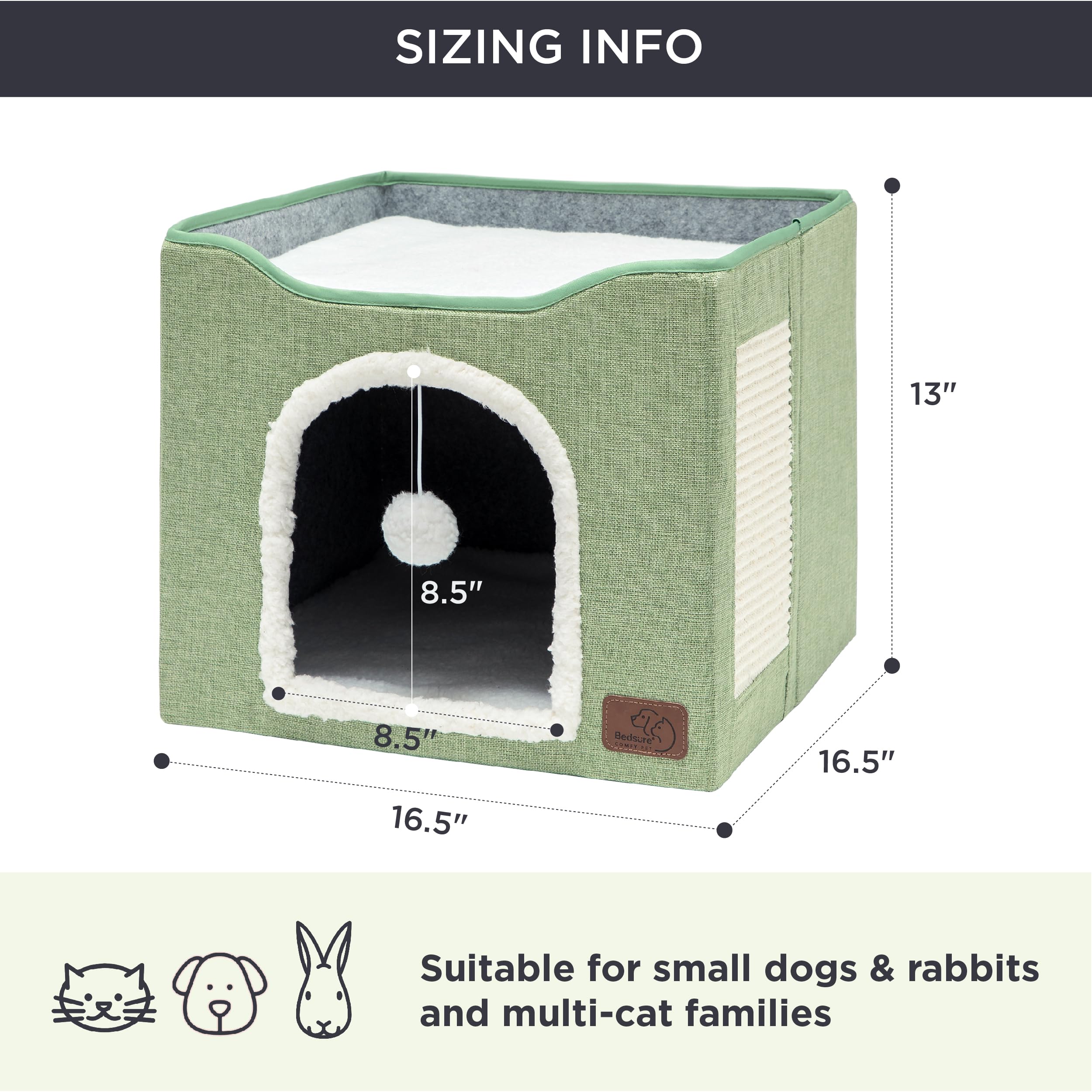 Bedsure Cat Beds For Indoor Cats - Large Cat Cave For Pet Cat House With Fluffy Ball Hanging And Scratch Pad, Foldable Cat Hideaway,16.5X16.5X13 Inches, Green