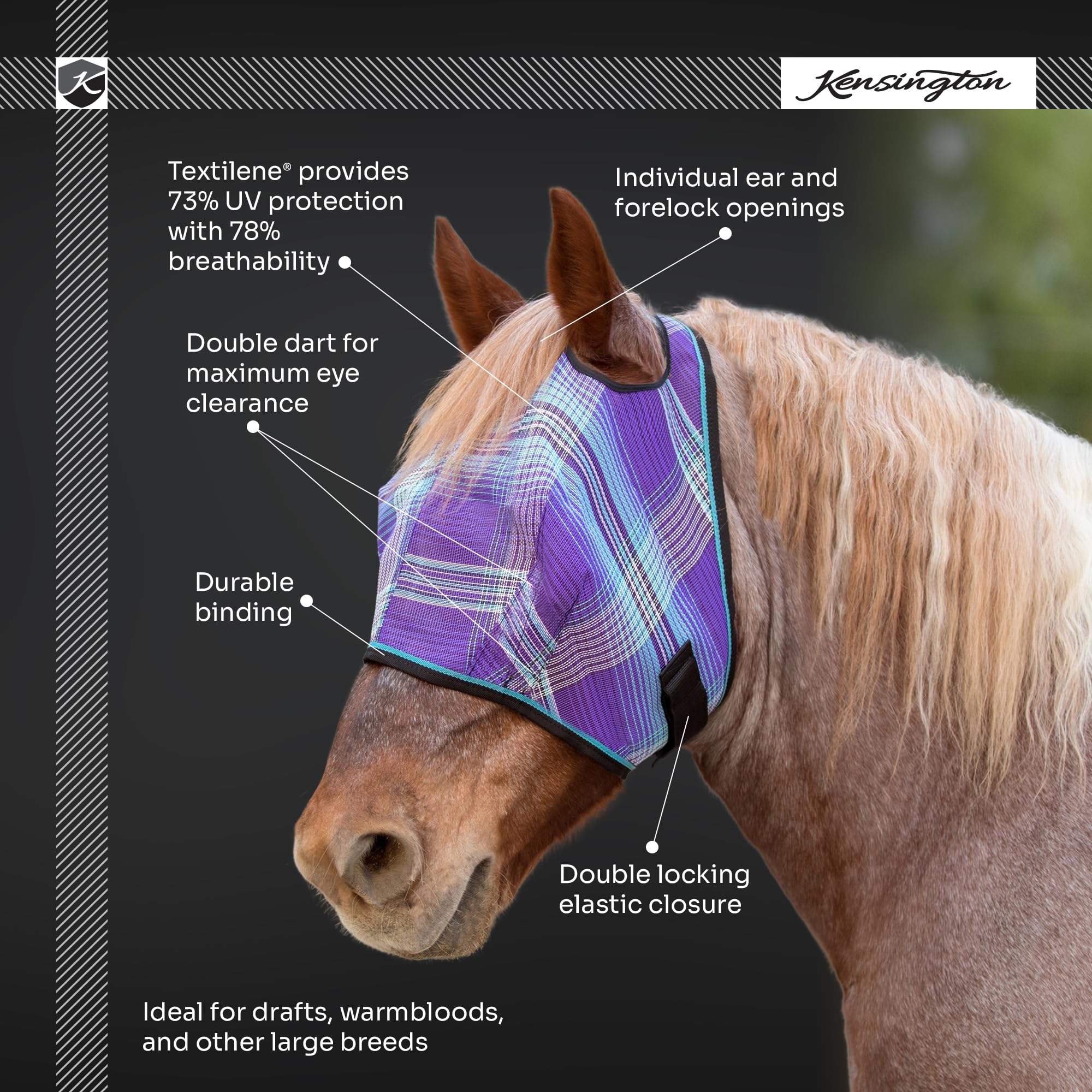 Kensington UV Horse Fly Mask with Web Trim - Protective Mask with Dual Ear Opening & Forelock Freedom - XXLarge, Atlantis