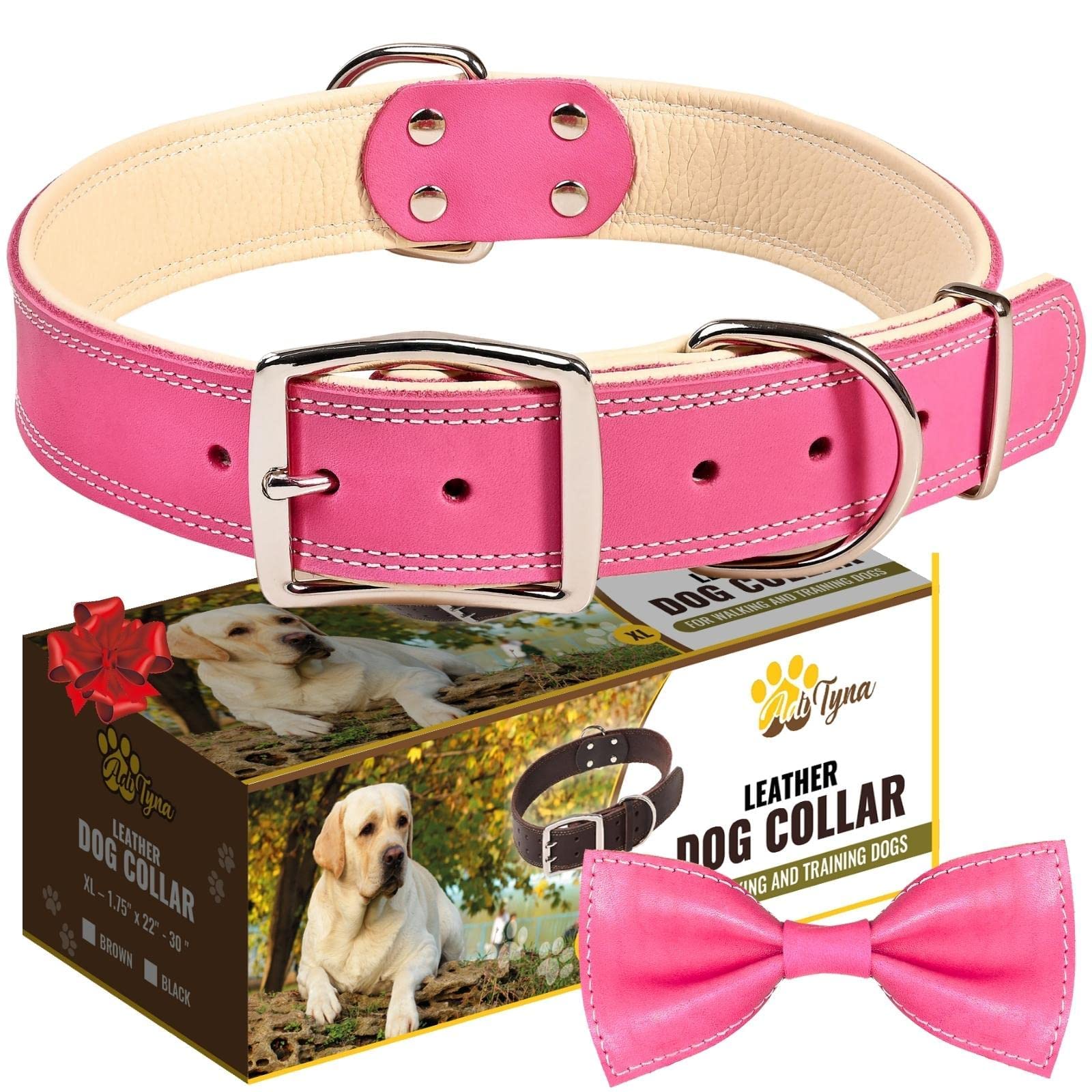 Adityna Heavy Duty Real Leather Dog Collar For Extra Large Dogs - Pink Xl Collar - Soft And Strong Thick Dog Collar With Double Metal Buckle