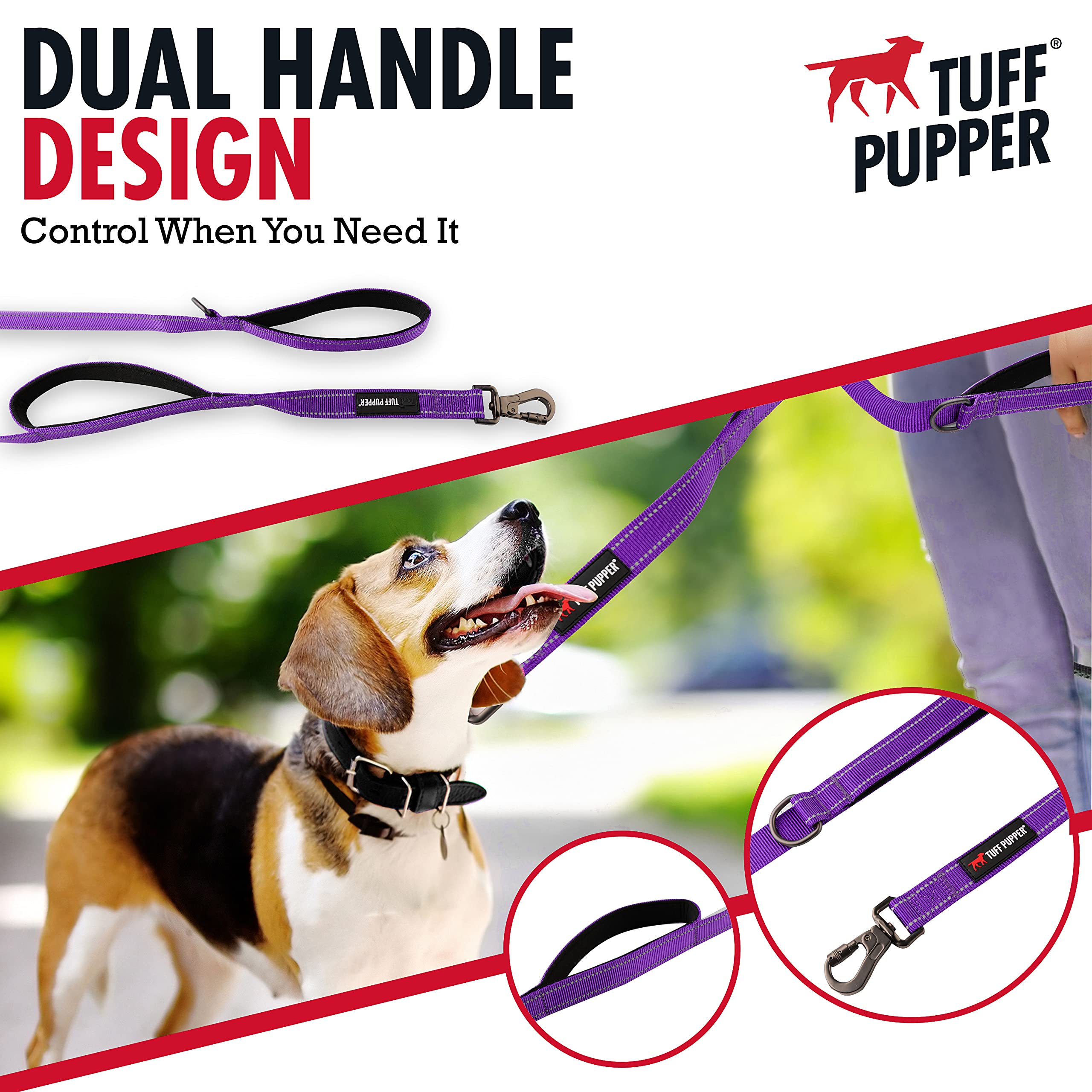Tuff Pupper Heavy Duty Double Handle Leash - 6ft, Reflective, Purple, Twist Locking Carabiner for Medium & Large Dogs