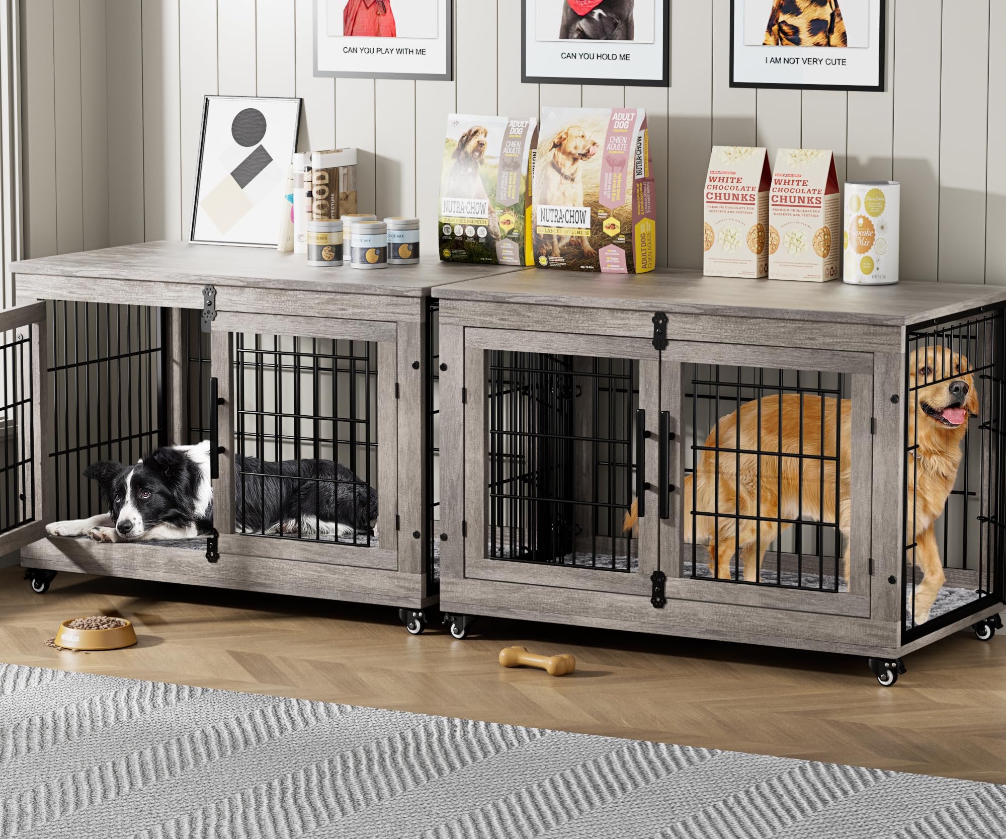Lulive Dog Crate Furniture Set of 2, Dog Kennel Indoor Double Doors Wooden Dog Cage, 38   Heavy Duty Dog Crate with Cushion & 