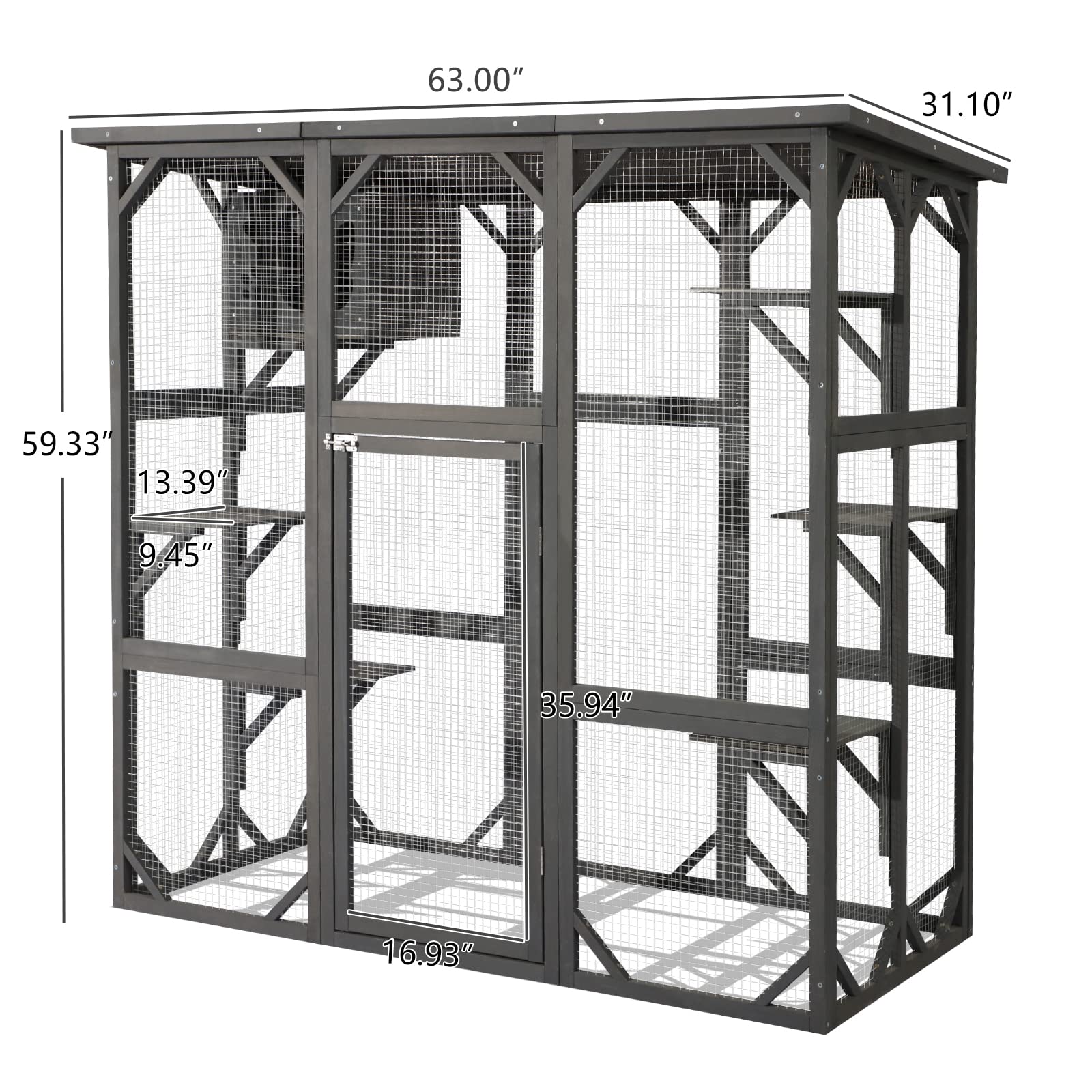 Titimo Catio Outdoor Cat Enclosure Large Wooden Outdoor Cat House With Small House, Cat Cage With 6 Platforms And Weather Protection (Gray,63' X 31.1' X 59.33')
