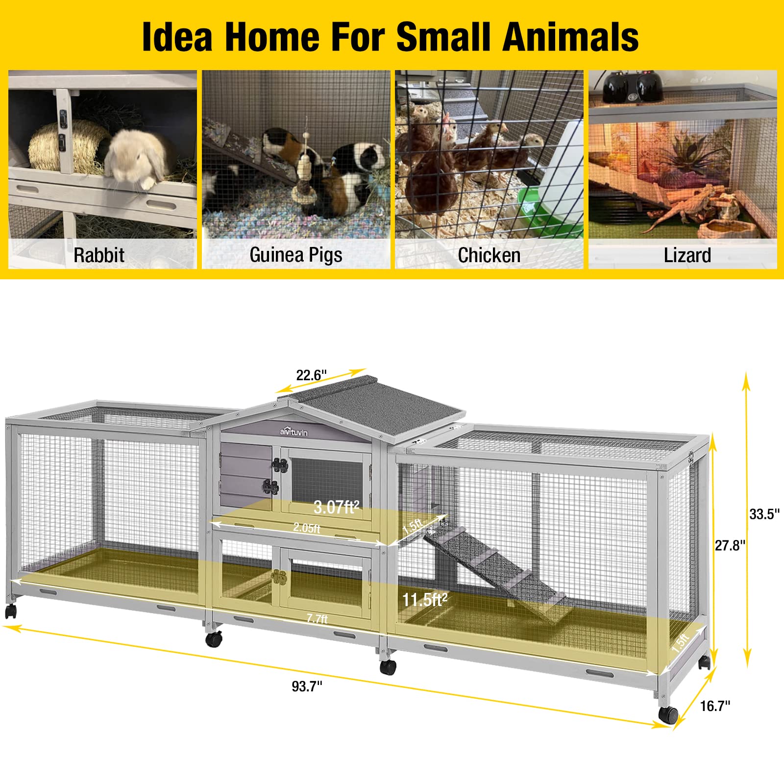 Aivituvin Rabbit Hutch 93.7'' Large Rabbit Cage Indoor Outdoor Guinea Pig Cage Chicken Coop On Wheels Bunny Cage With 4 Deep No