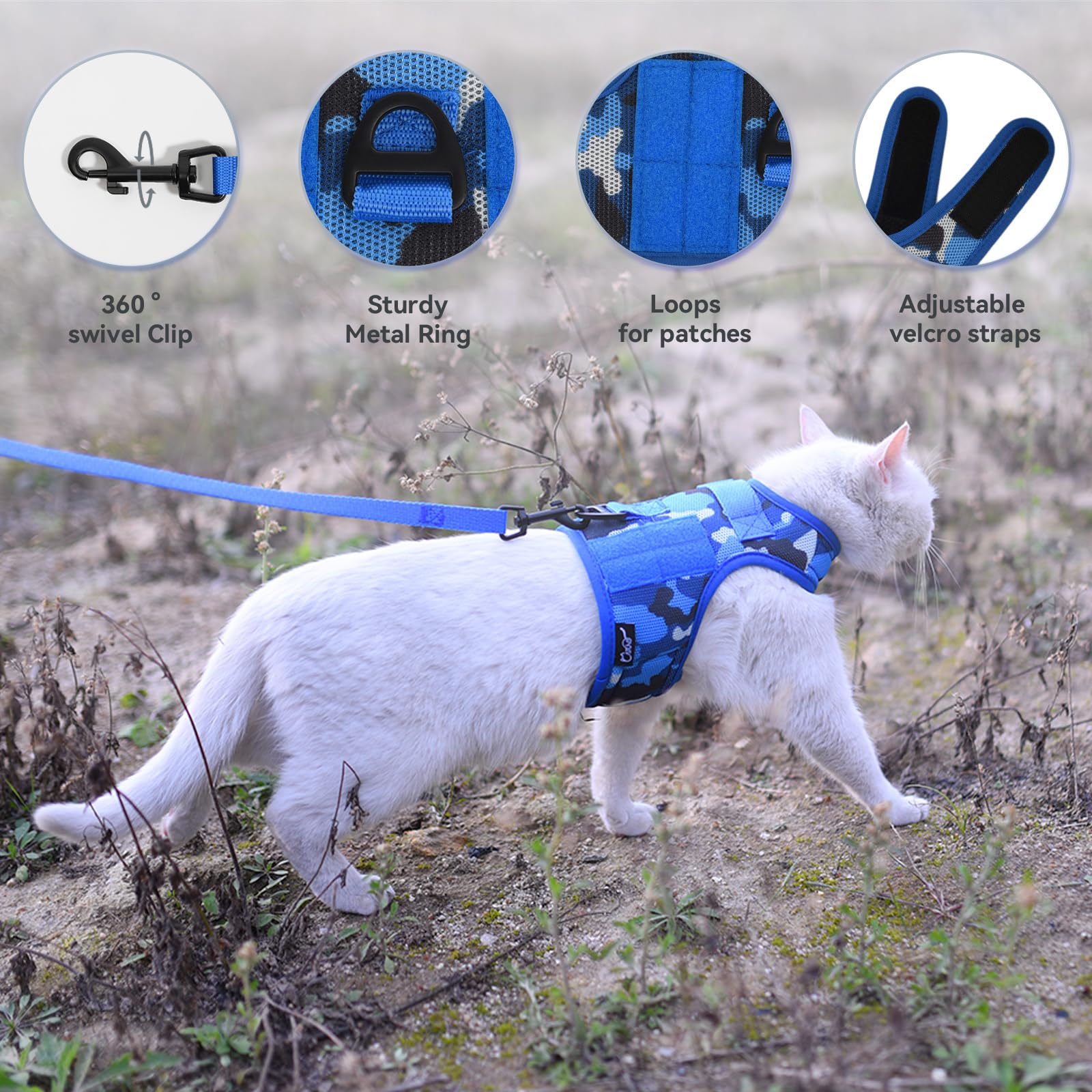 Tactical Cat Harness And Leash For Walking Escape Proof Breathable Mesh Fabric, Ocean Camo, Large, Adjustable Cat Walking Jacket