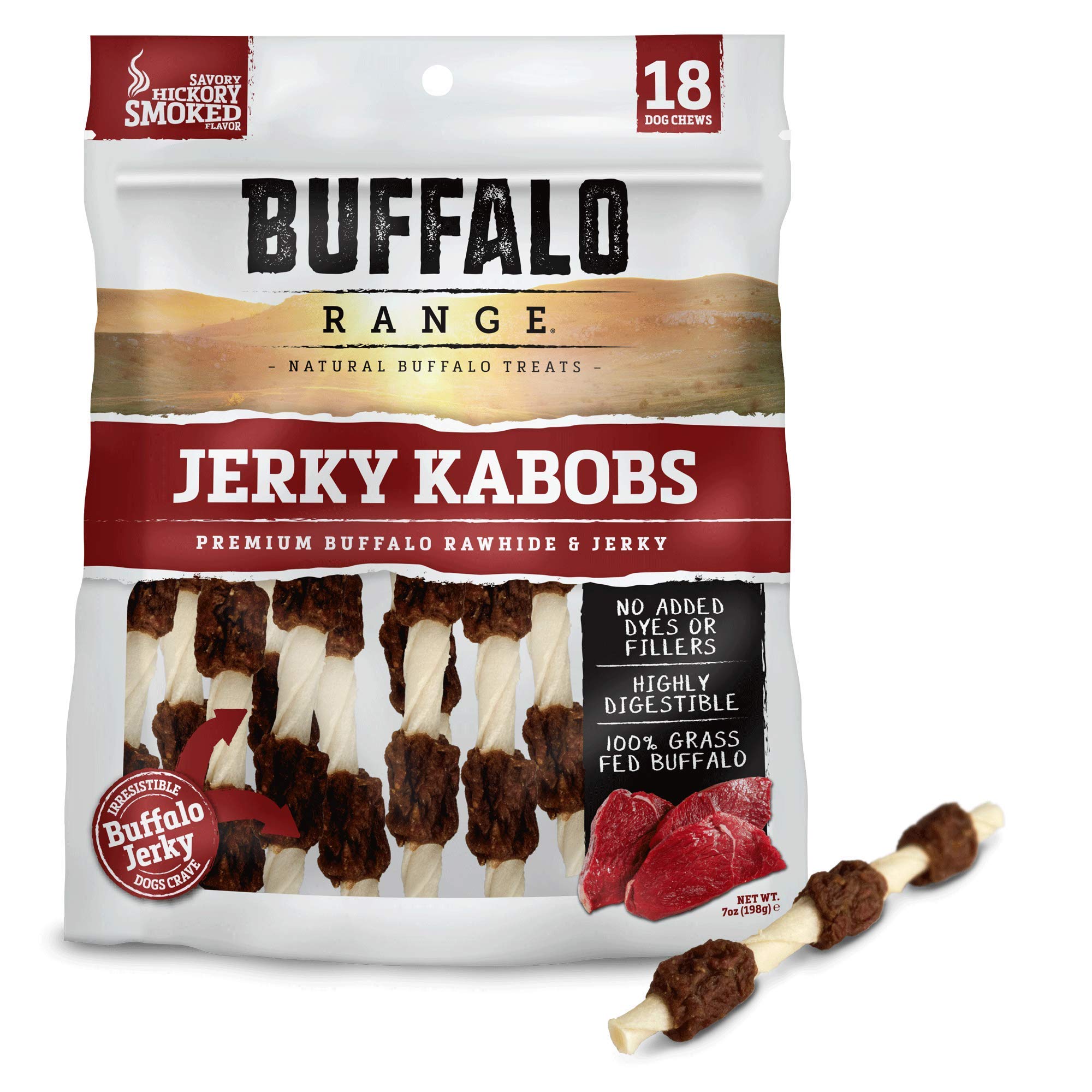 Buffalo Range Rawhide Dog Treats - Healthy, Grass-Fed Buffalo Jerky Raw Hide Chews - Hickory Smoked Flavor - Jerky Kabob, 18 Cou