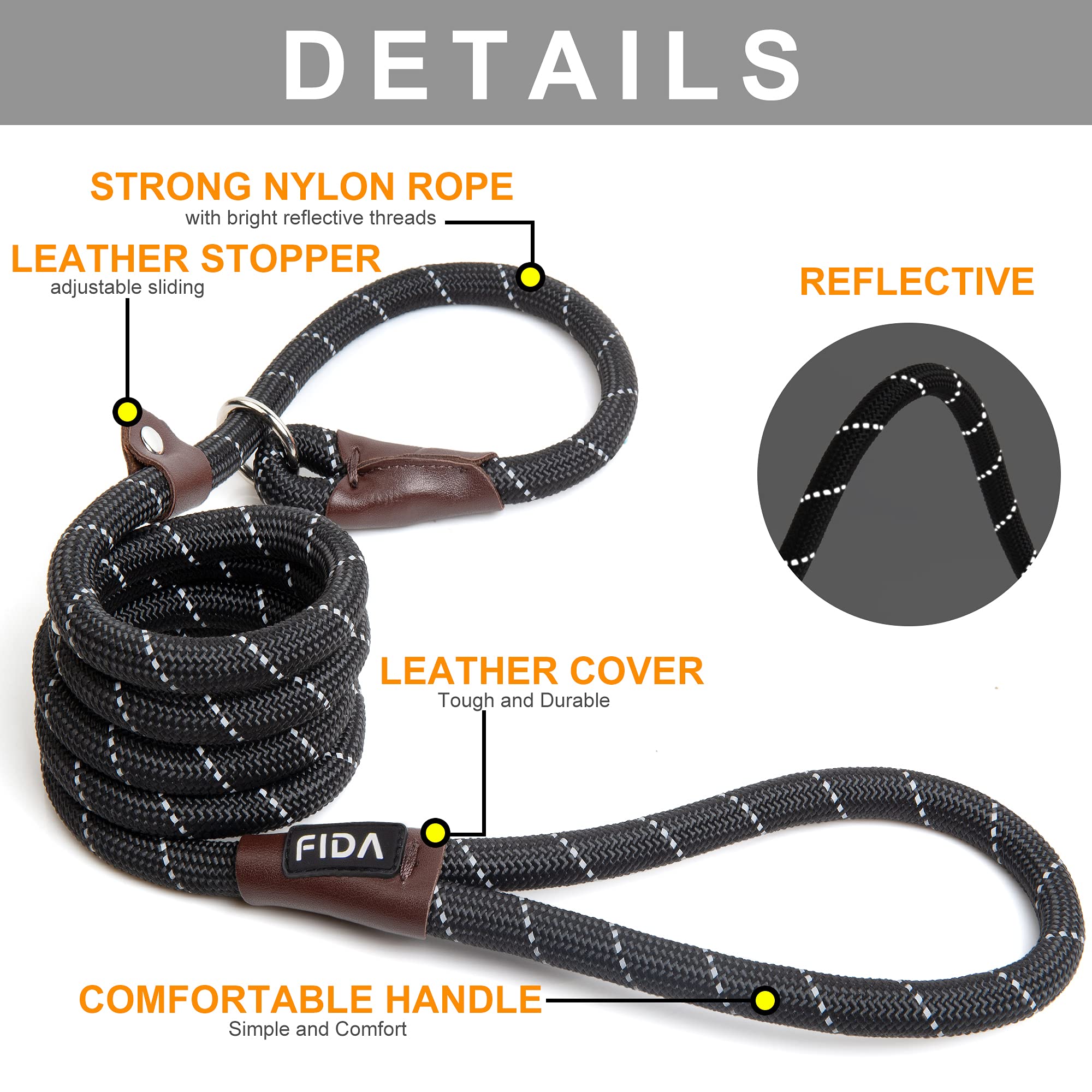 Fida Durable Slip Lead Dog Leash Bulk Pack Of 5, Heavy Duty 1/2' X 6 Ft Comfortable Strong Rope Slip Leash For Large, Medium & Small Dogs No Pulling Pet Training Leash With Highly Reflective (Black)