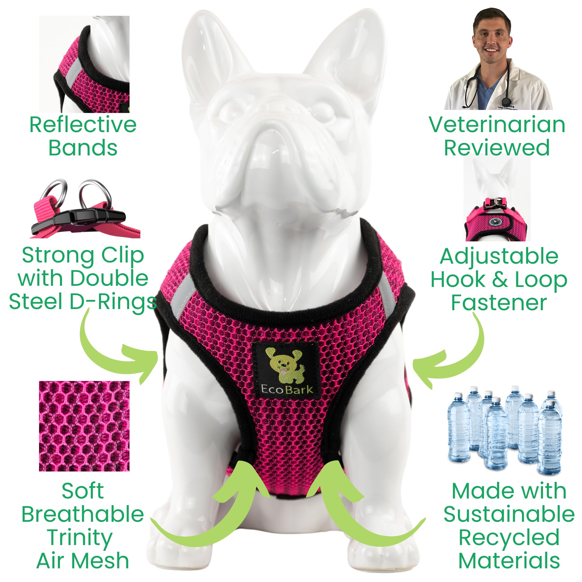 Ecobark Step In Dog Harness - Eco-Friendly Dog Harnesses For Small And Medium Breed Dogs - Reflective And Adjustable Body Halter Vest - Soft Mesh Toy Breed Harness (Fuchsia Pink, Large)