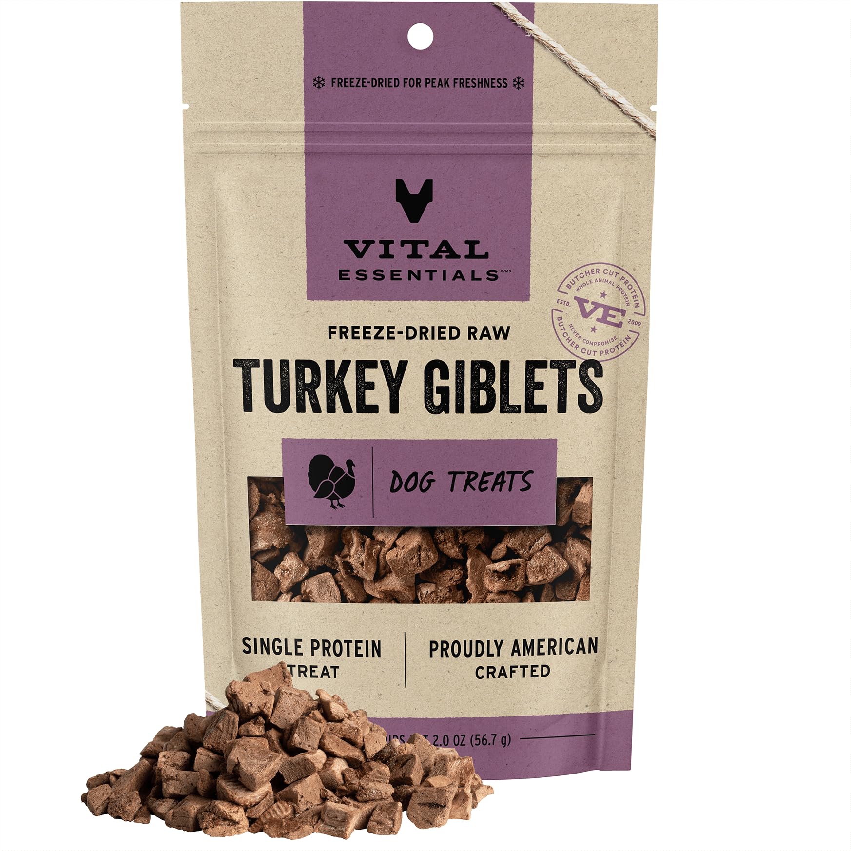 Vital Essentials Turkey Giblets Dog Treats, 2 oz | Freeze-Dried Raw | Single Ingredient | Premium Quality High Protein Training 