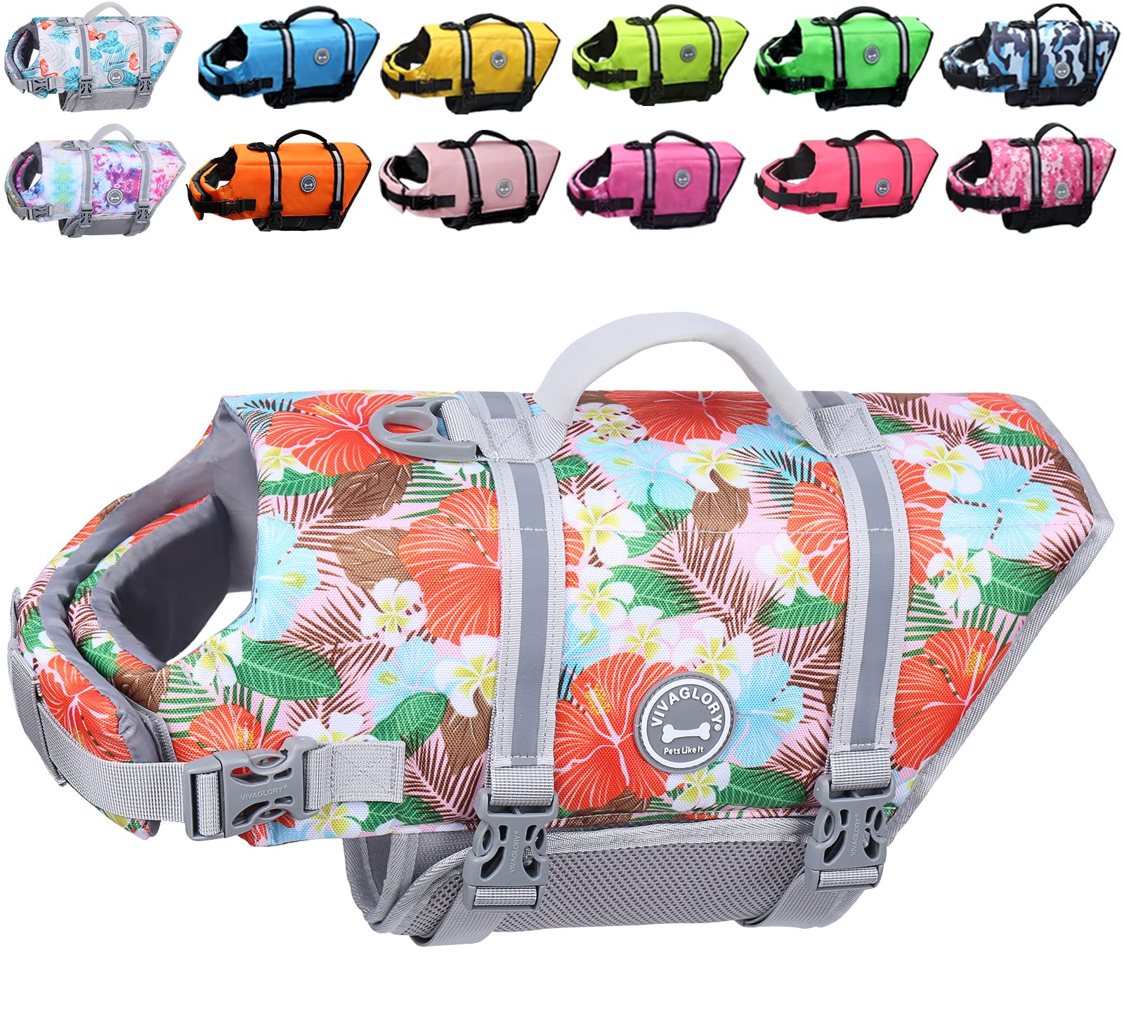 Vivaglory Ripstop Dog Life Jacket For Boating, Dog Lifejackets Swimming Vest Enhanced Visibility Buoyancy Safety, Floral Orange,