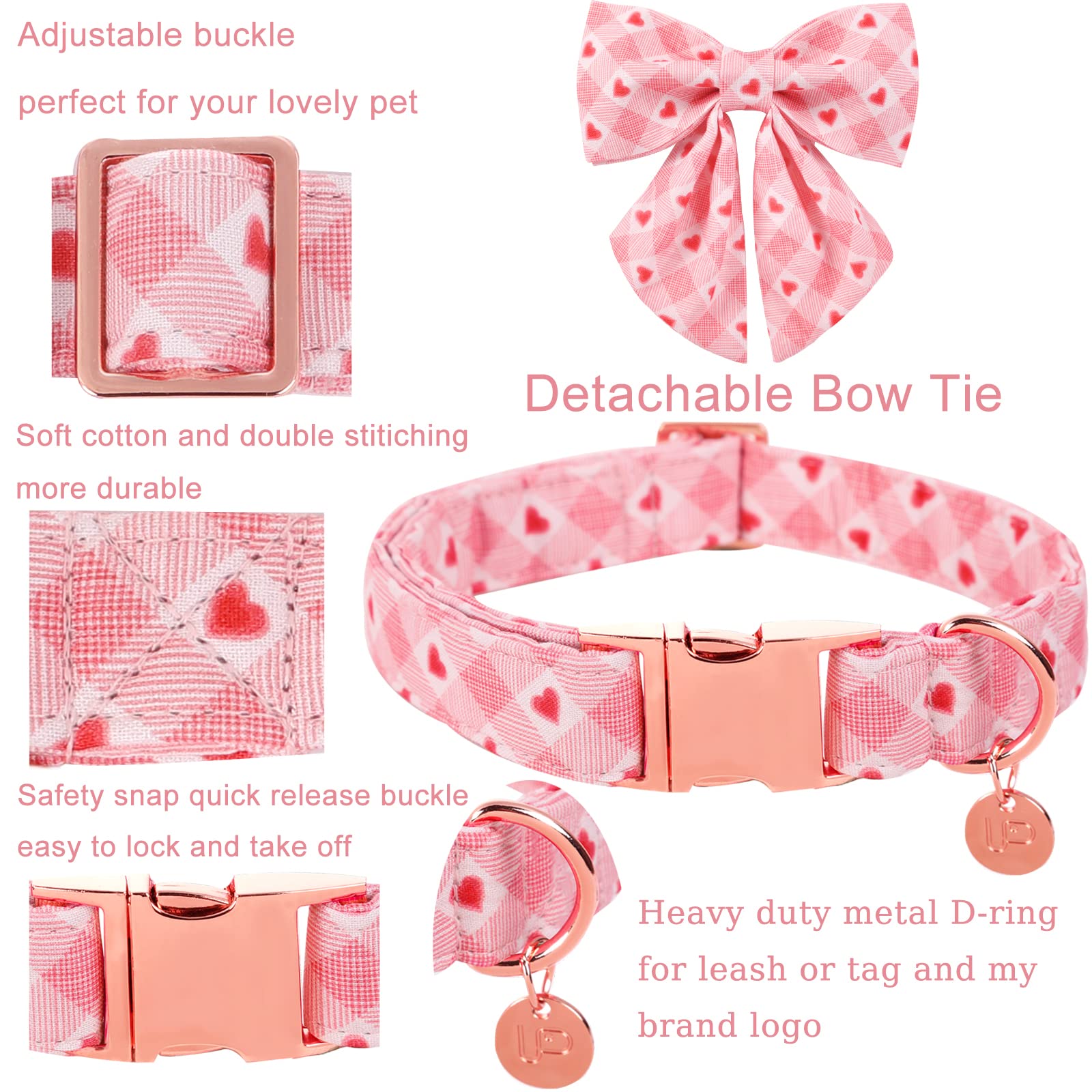Up Urara Pup Valentine Dog Collar With Bow Tie, Valentine Bowtie Collar For X-Large Girl Boy Dog, Cotton Collar With Metal Buckle, Valentine’S Day Gift Pet Collar, Xl, Neck 16-26In, Pink Plaid