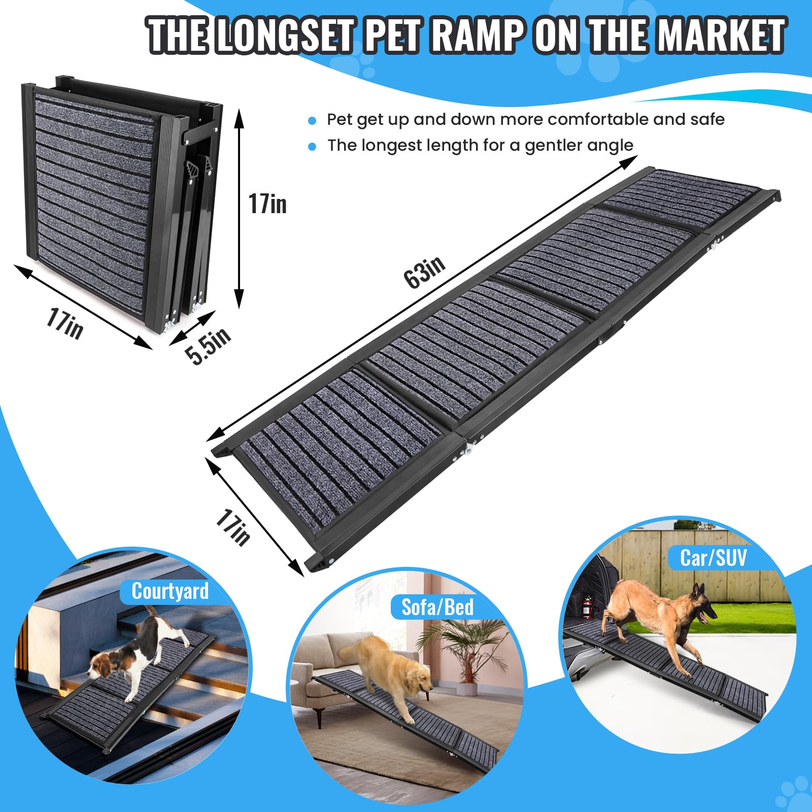 9TH SHOP Folding Dog Ramp for Cars, 63"x17", Non-Slip Surface, Portable, Black