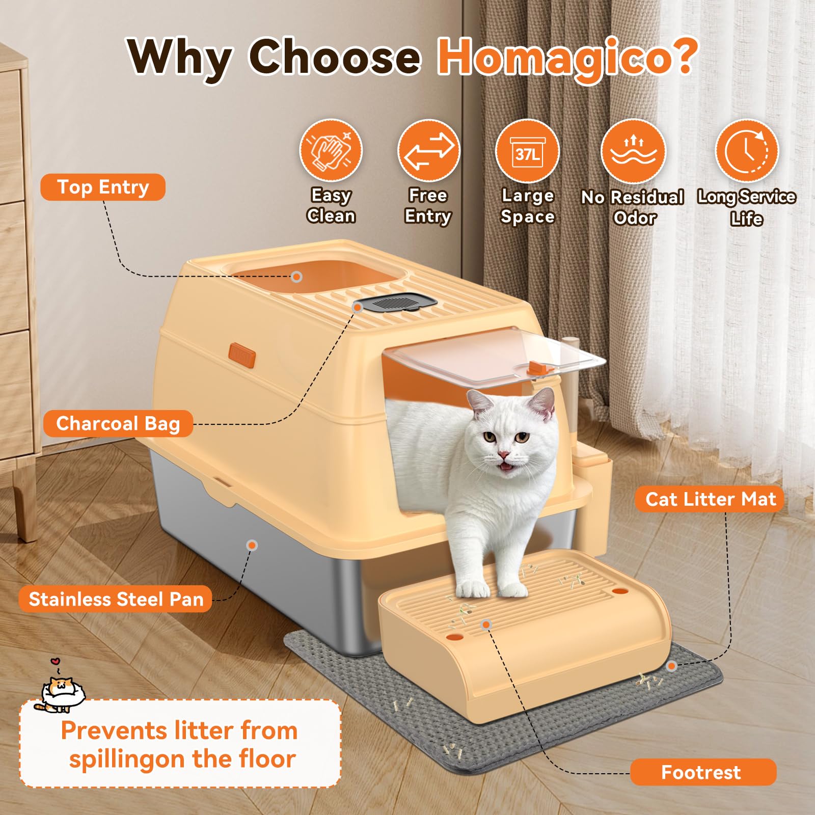 Homagico Stainless Steel Cat Litter Box With Lid, Xl Odor-Proof Enclosed Litter Pan With Litter Mat - Rust-Resistant Durable Lar