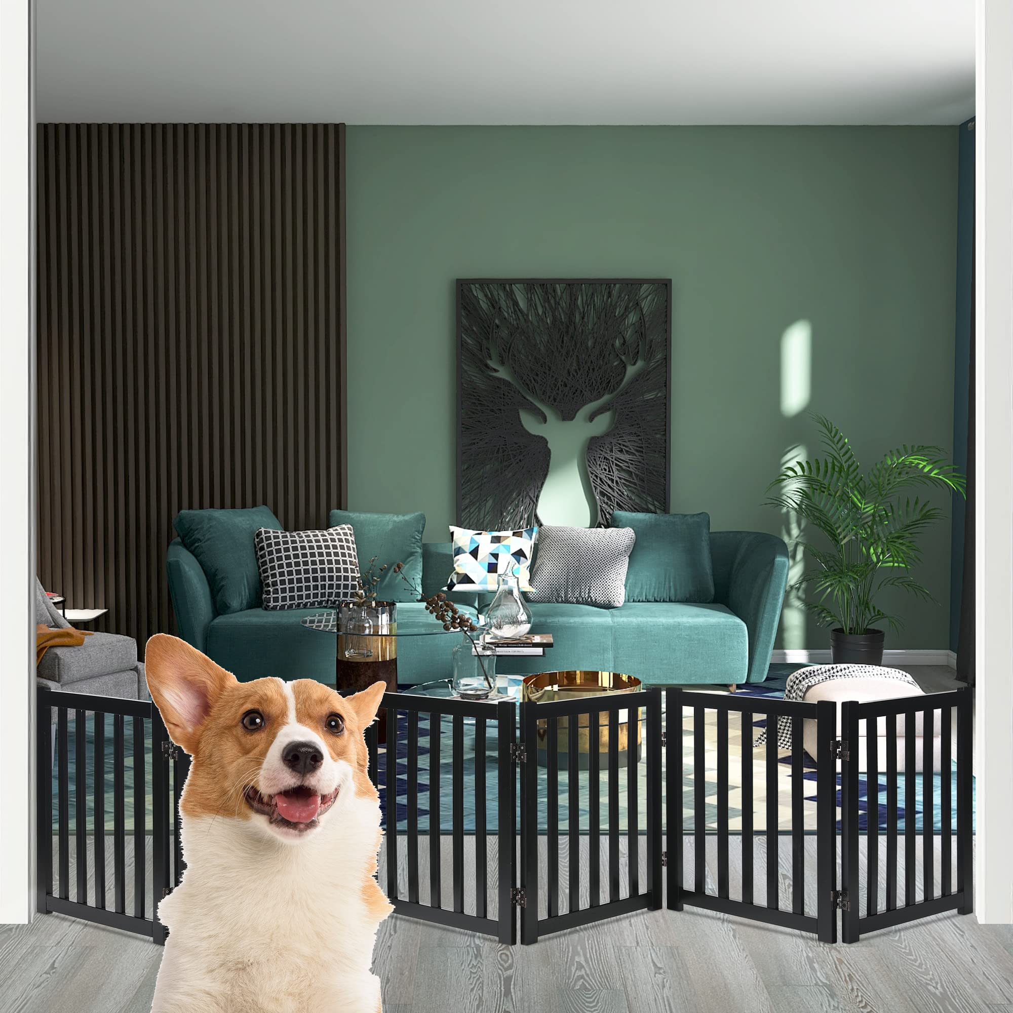 Lzrs 6-Panel Extra-Wide Freestanding Wooden Dog Gate ?24?igh Foldable Safety Pet Barrier For Doorways, Hallways, Kitchens, And Long Staircases, Durable Design Fit Small To Medium Dogs, Walnutl