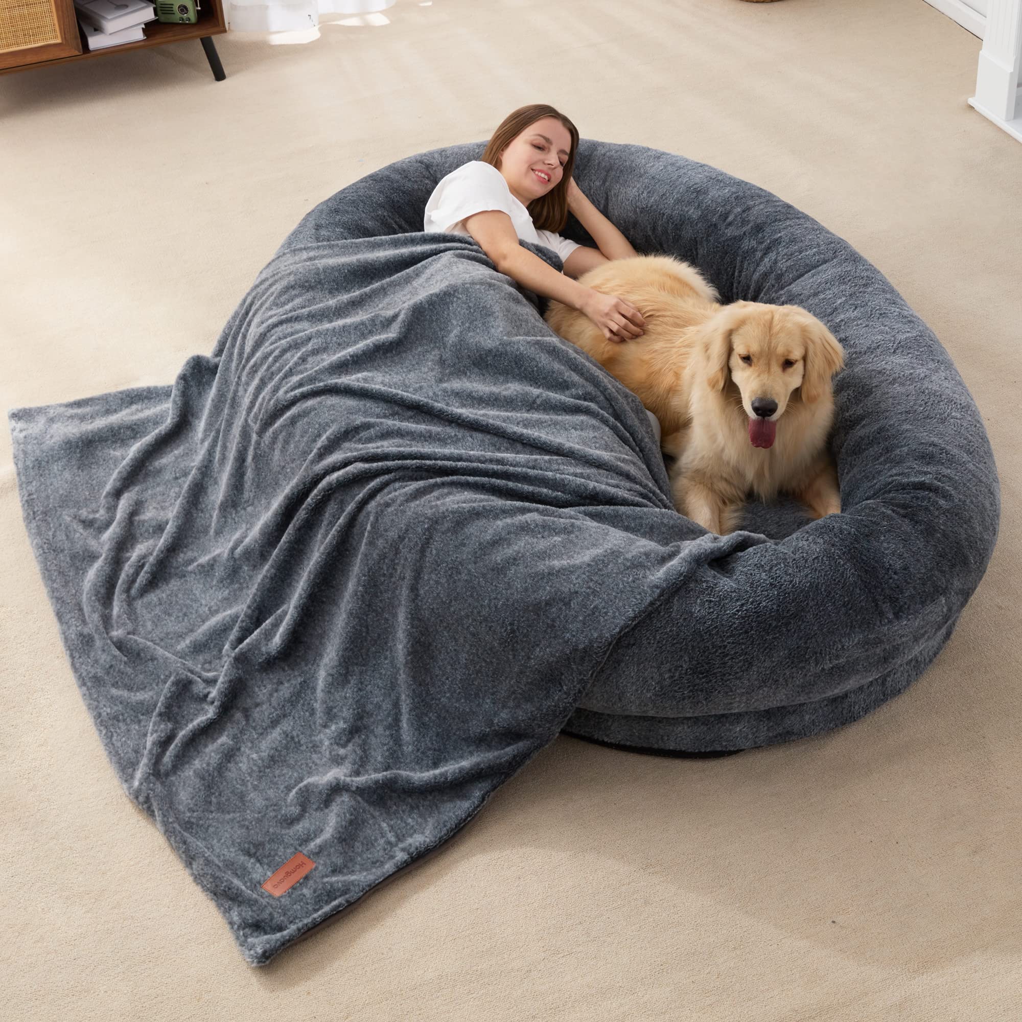 Large Human Dog Bed Bean Bag Bed for Humans Giant Beanbag Dog Bed with Blanket for People, Families, Pets,72inchx48inchx10inch (Grey)