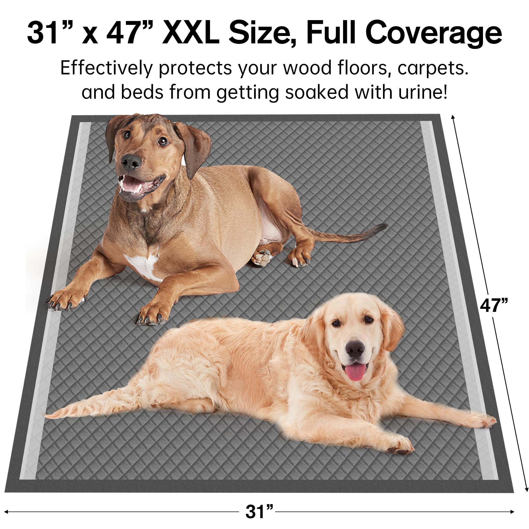 31x47 Activated Charcoal Dog Pee Pads - 50 Count,Extra Large,Super Absorbent, Leakproof, Long-Lasting Odor Control, Ideal for La