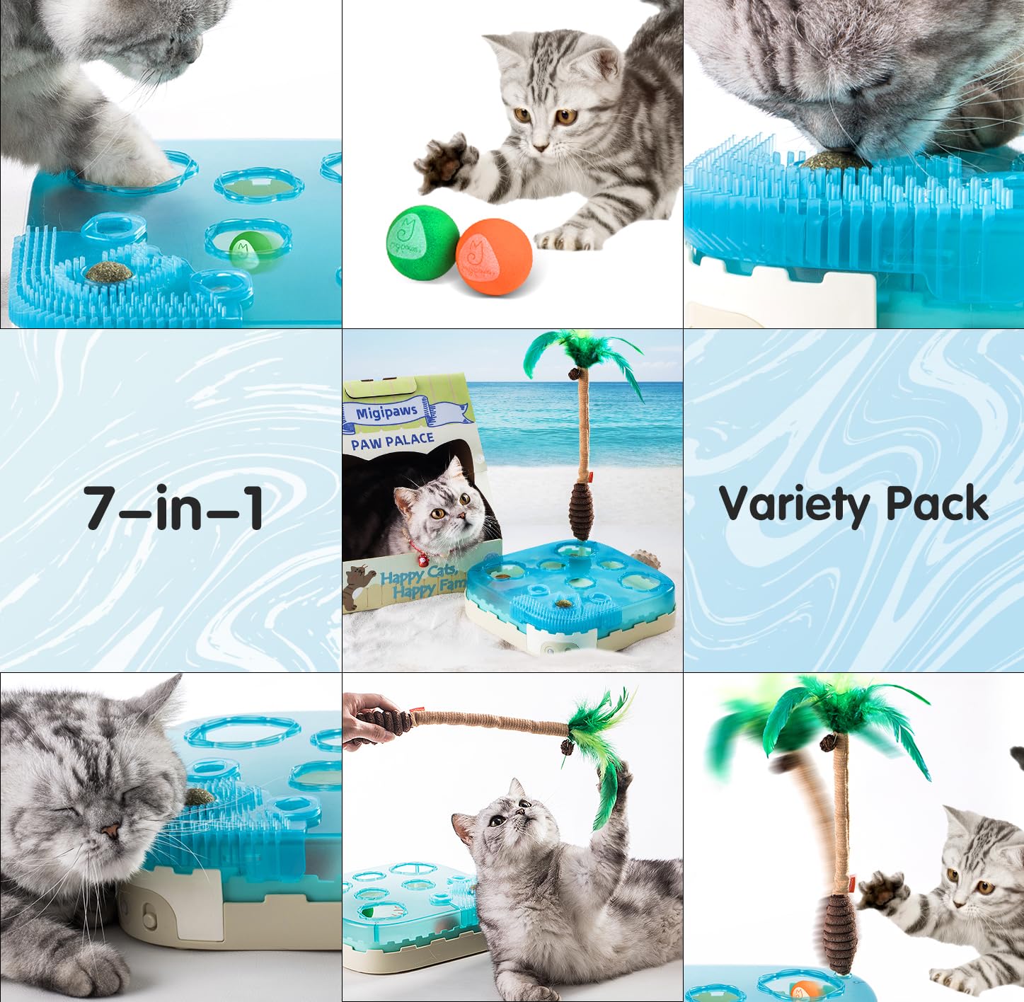 Migipaws Paw Palace Cat Toy Set - 3 EVA Balls, 1 Catnip Ball, 2 Feather Teaser Accessories
