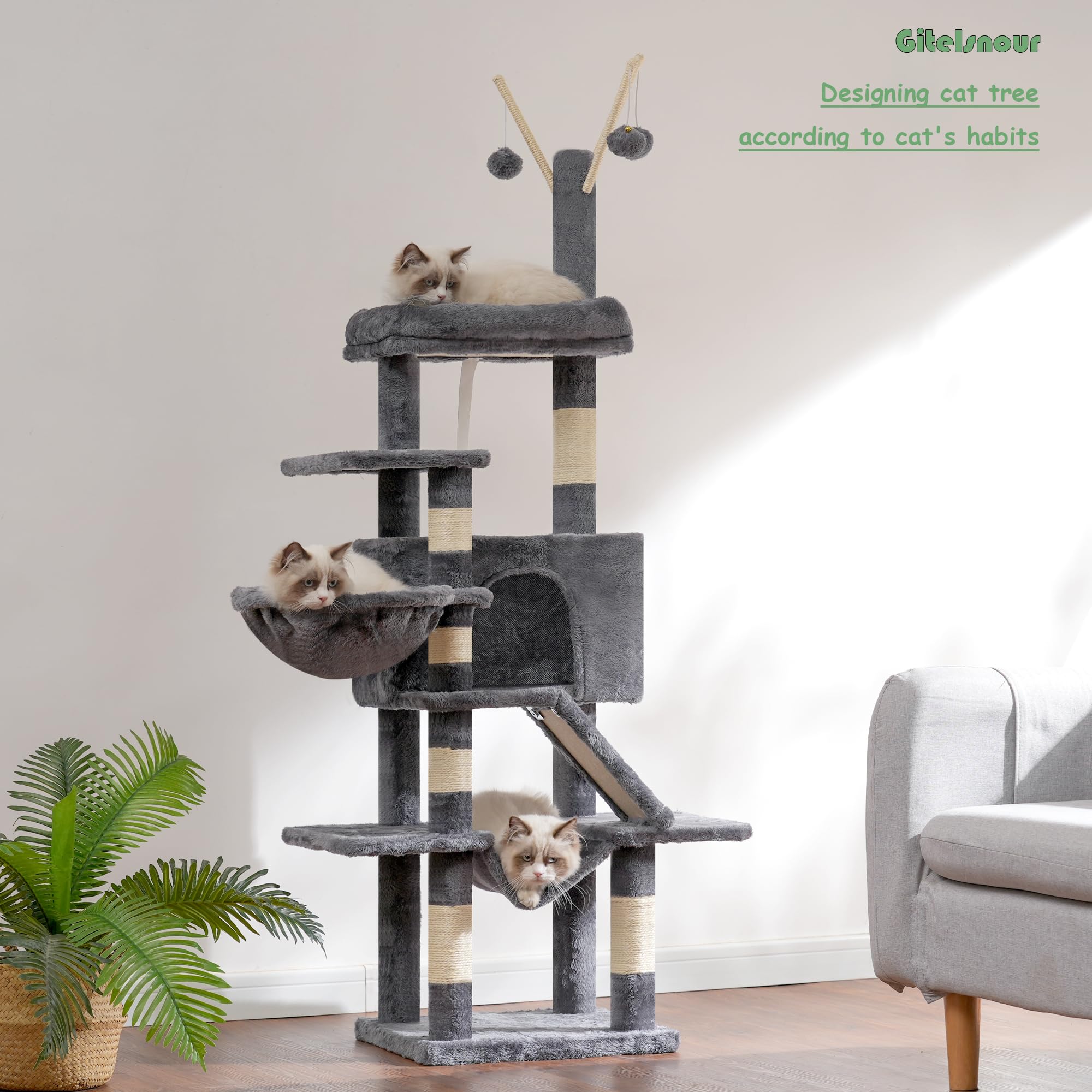 Gitelsnour Cat Tree - Multi-Level Cat Tower with Scratching Post, Hammock, 63" Engineered Wood, Smoky Gray, Model GCT011G