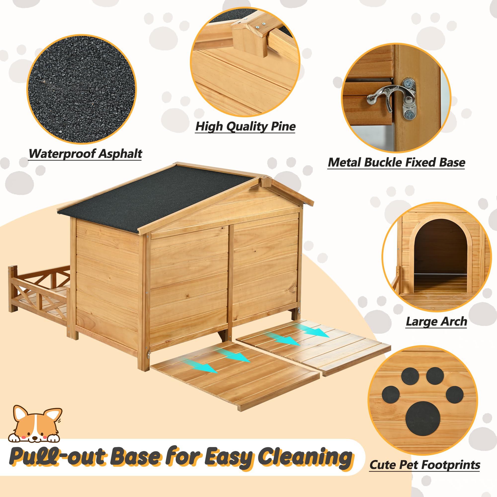 Yopto 48'' Wooden Dog House,Dog Kennel With Wide Porch,Water-Resistant Asphalt Roof And Fence,Indoor & Outdoor Dog Crate W/Paw P
