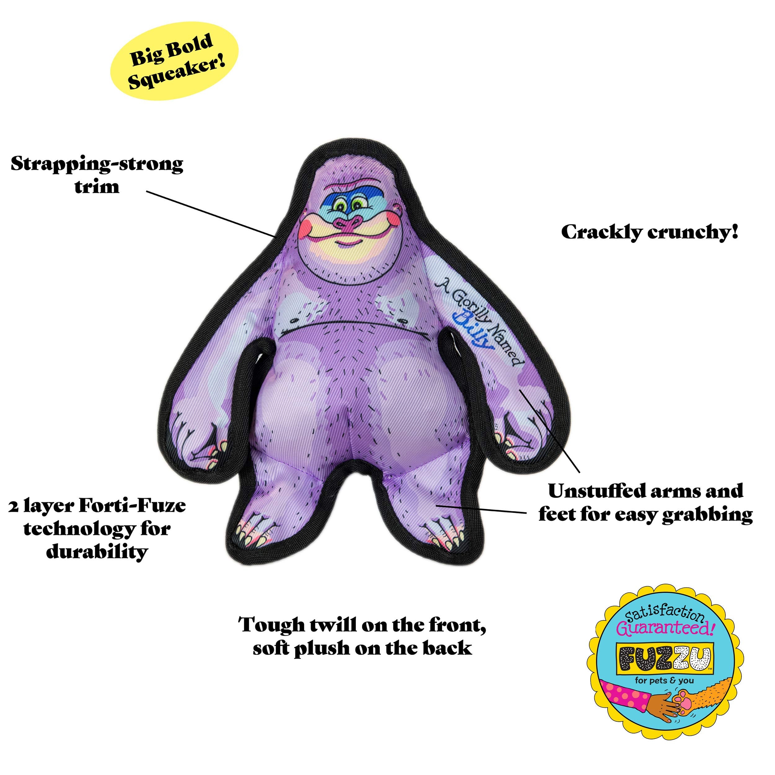 FUZZU Durable Dog Toy - Medium Squeaker Chew Toy, Purple Polyester, Wild Woodies - A Gorilly Named Billy 9"