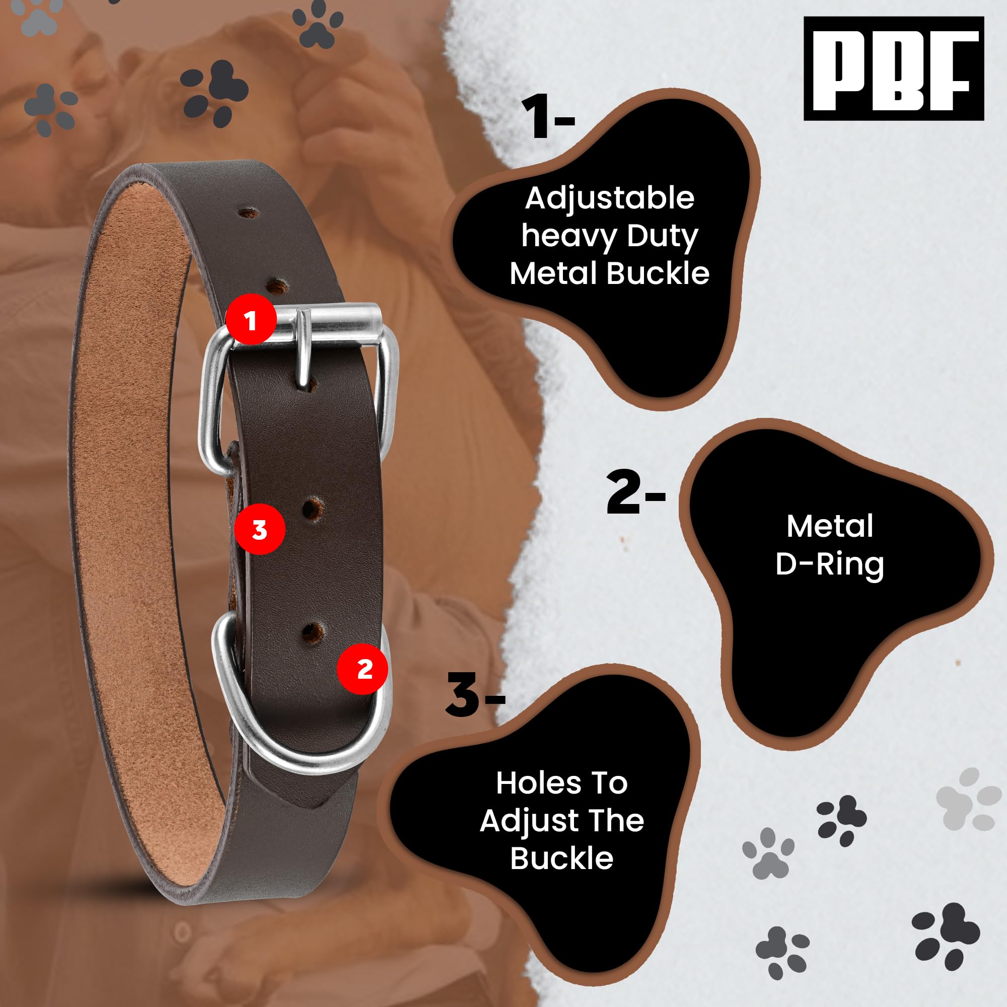 Pbf Genuine Leather Dog Collar - Heavy Duty, Thick And Durable Collar For Small, Medium, Large, And Extra Large Dogs (Brown, Lar