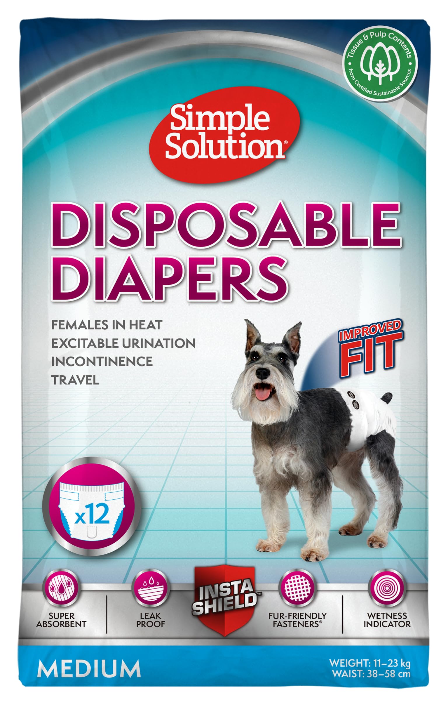 Simple Solution Disposable Dog Diapers for Female Dogs | Super Absorbent Leak-Proof Fit | Medium | 12 Count, White