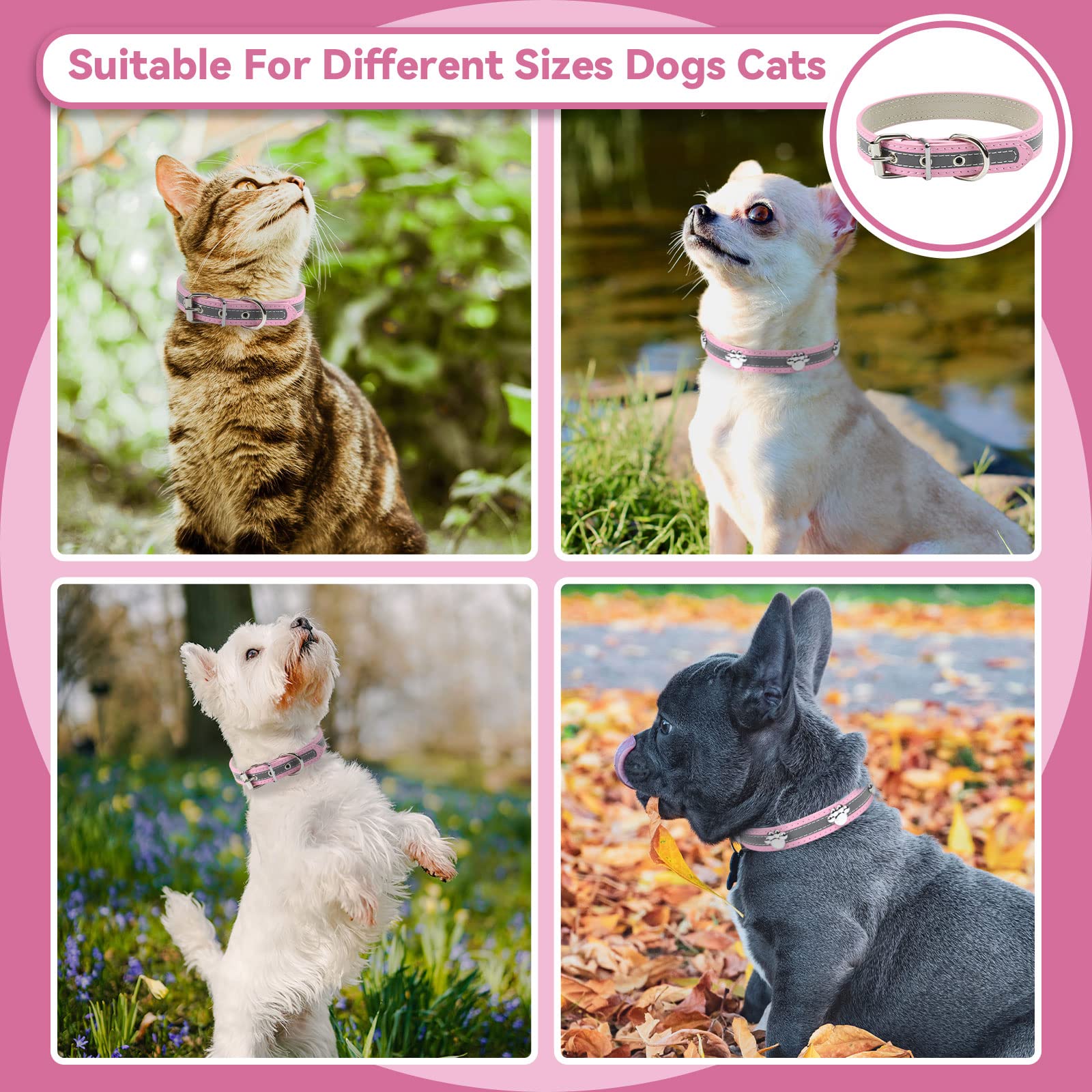 Petcare Reflective Dog Collar With Cute Paw Rivet Studded Funny Soft Pu Leather Adjustable Puppy Dog Collars For Small Medium Large Dogs Cats (Pink,Small)