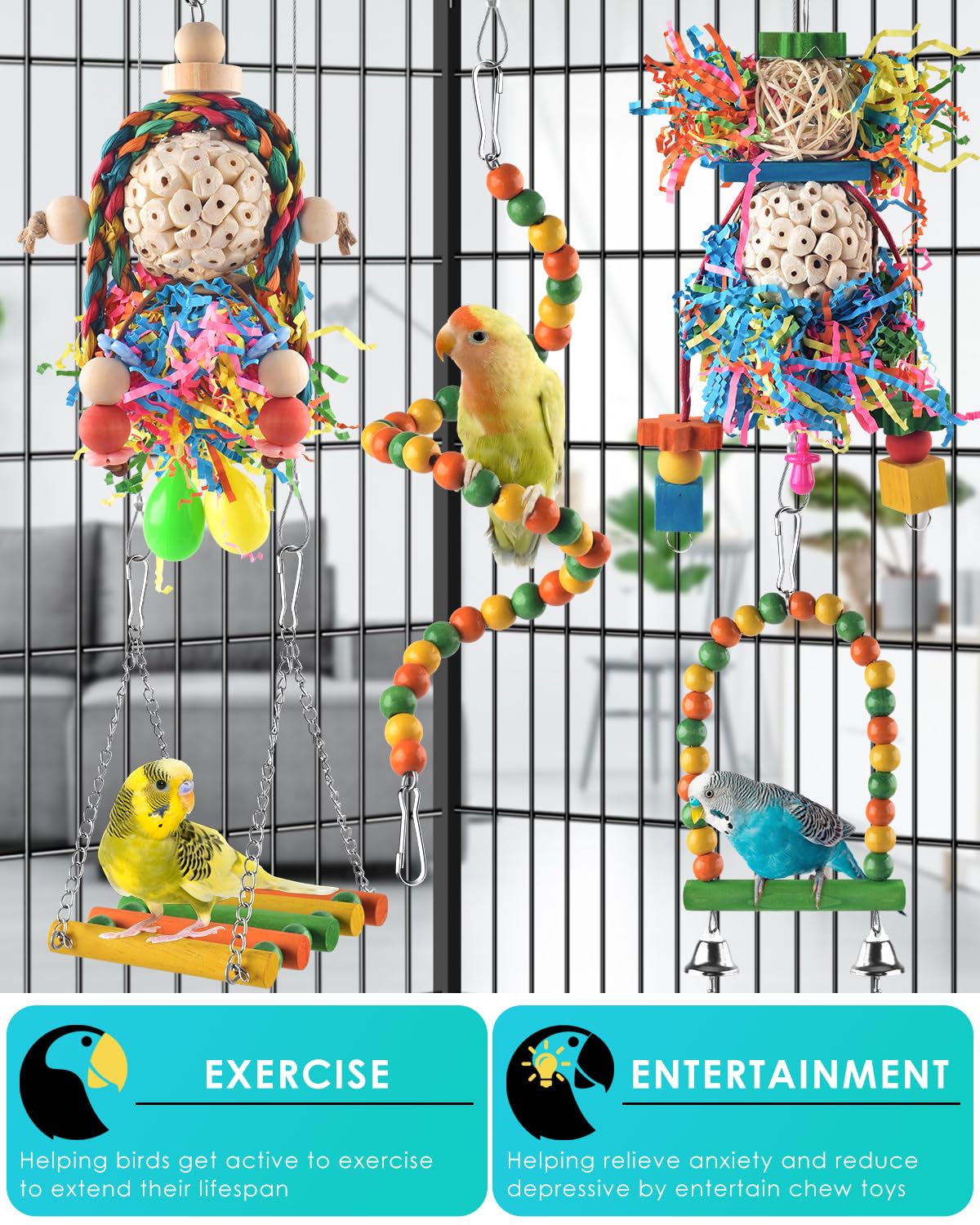 Bissap Conure Toys, 5 Pcs Parrot Foraging Shredder Hanging Toys Sola Balls With Sand Hammer Perch Swing Climbing Ladder For Smal